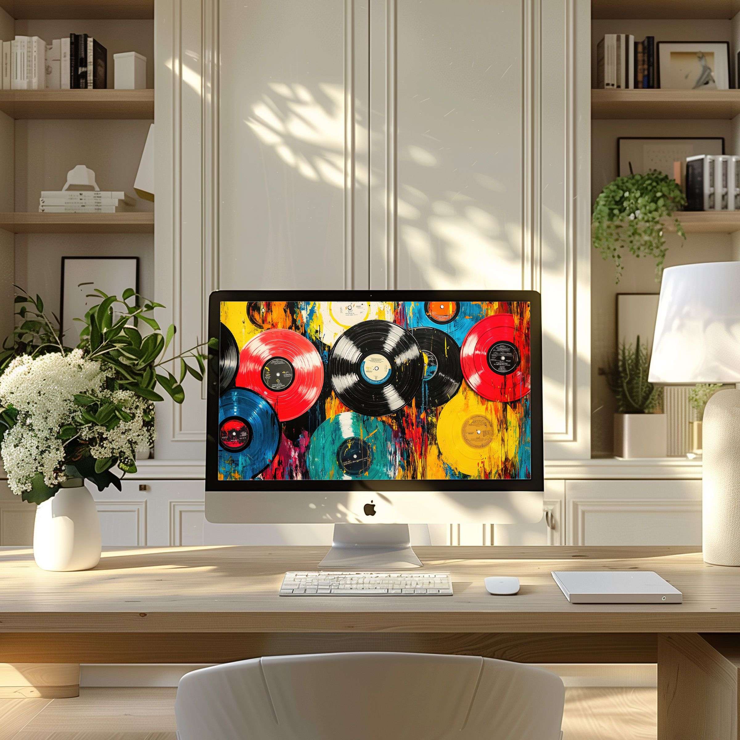 Vibrant vinyl record art in a serene home office offers inspiration and elegance as a digital wallpaper for computer, PC, laptop