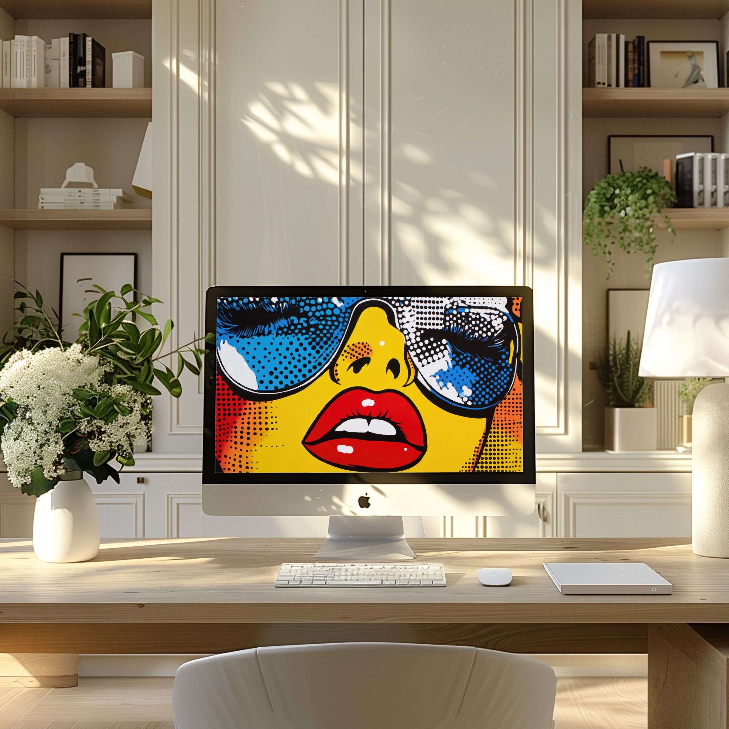 Pop art wallpaper for computer brings vibrant elegance to any PC or laptop, inspiring creativity in a serene modern home office