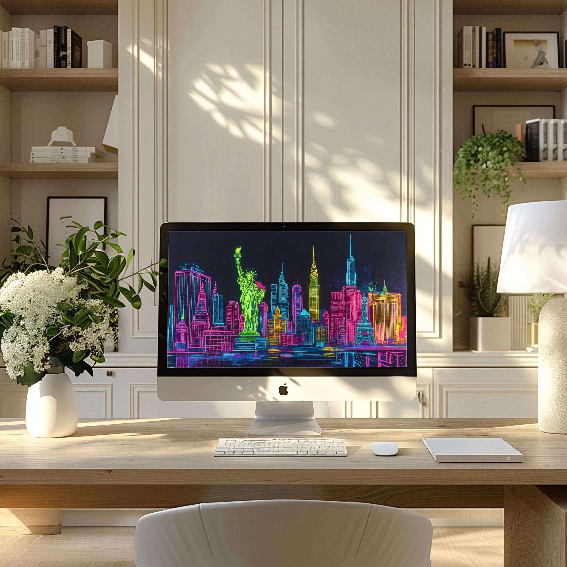 Colorful skyline neon art as wallpaper for computer in a serene, modern home office setup, perfect for PC and laptop displays