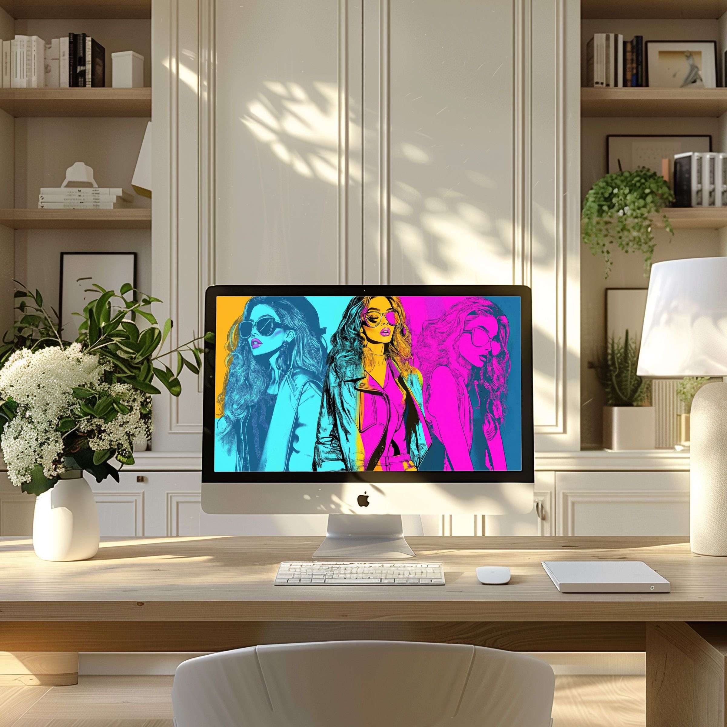 Elegant pop art wallpaper for computer brings vibrant colors and inspiration to a modern home office, ideal for PC and laptop