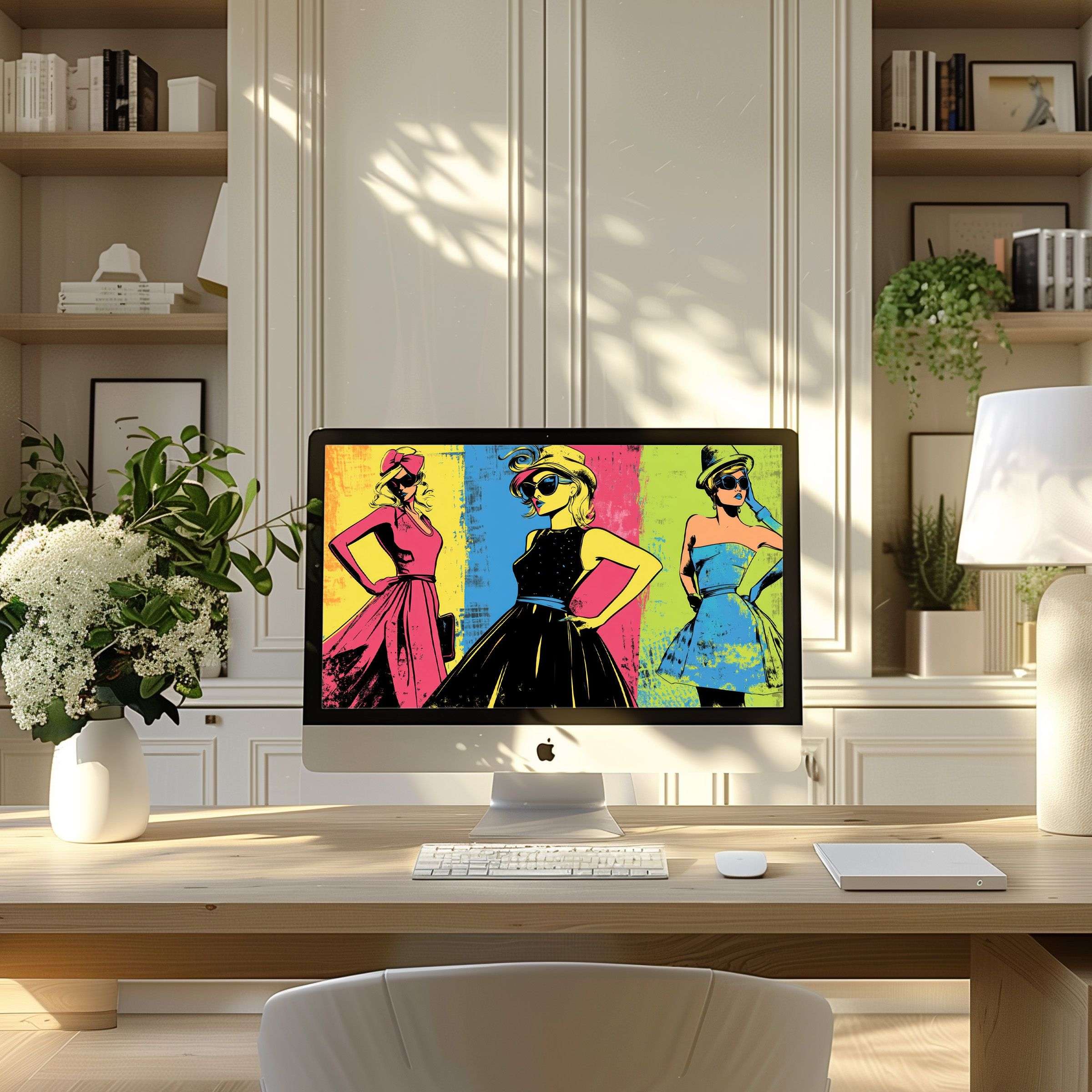 Elegant pop-art wallpaper for computer inspires calm in a modern home office setup fitting PC and laptop digital download