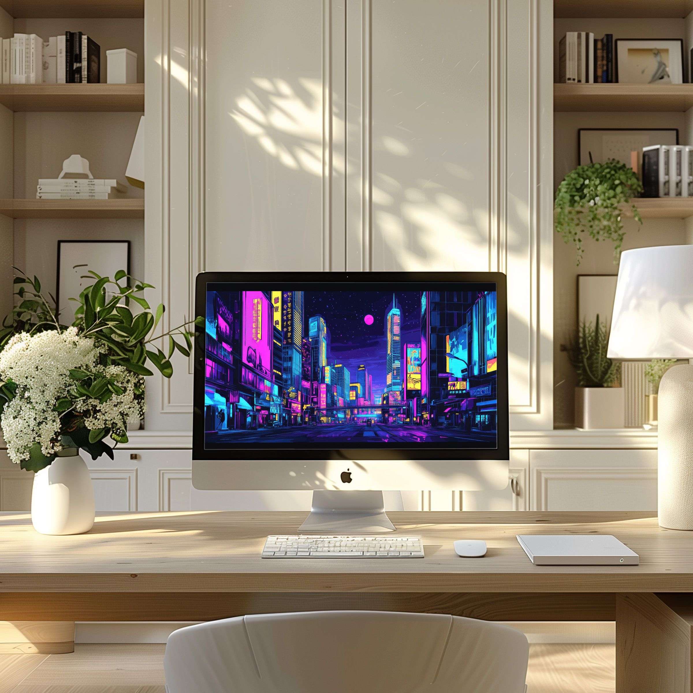 Inspiring neon cityscape digital wallpaper for computer, ideal for PC and Laptop; adds calm elegance to modern home office decor