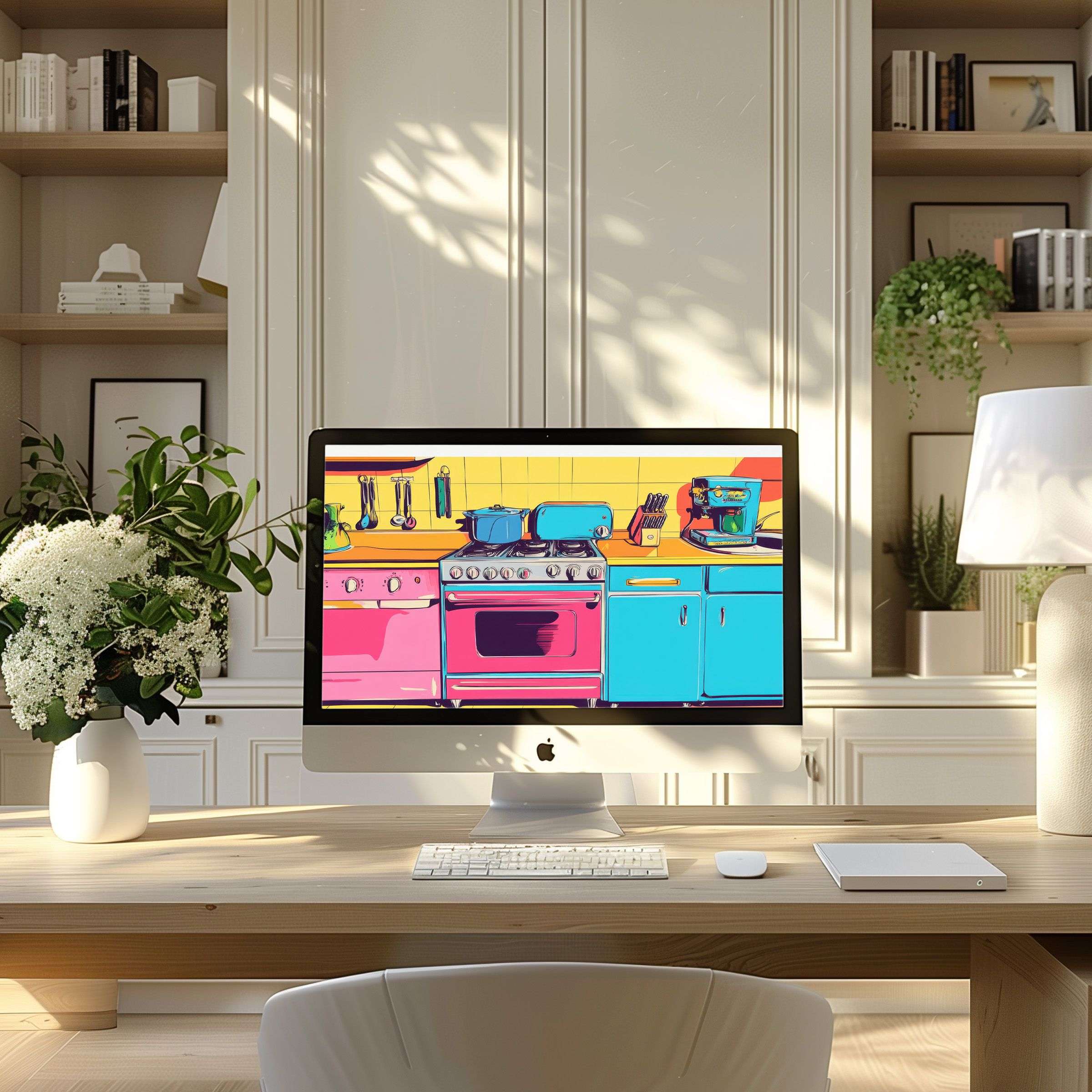 Elegant modern home office featuring vibrant digital art as wallpaper for computer, PC, and laptop; inspiring calm and sustainability