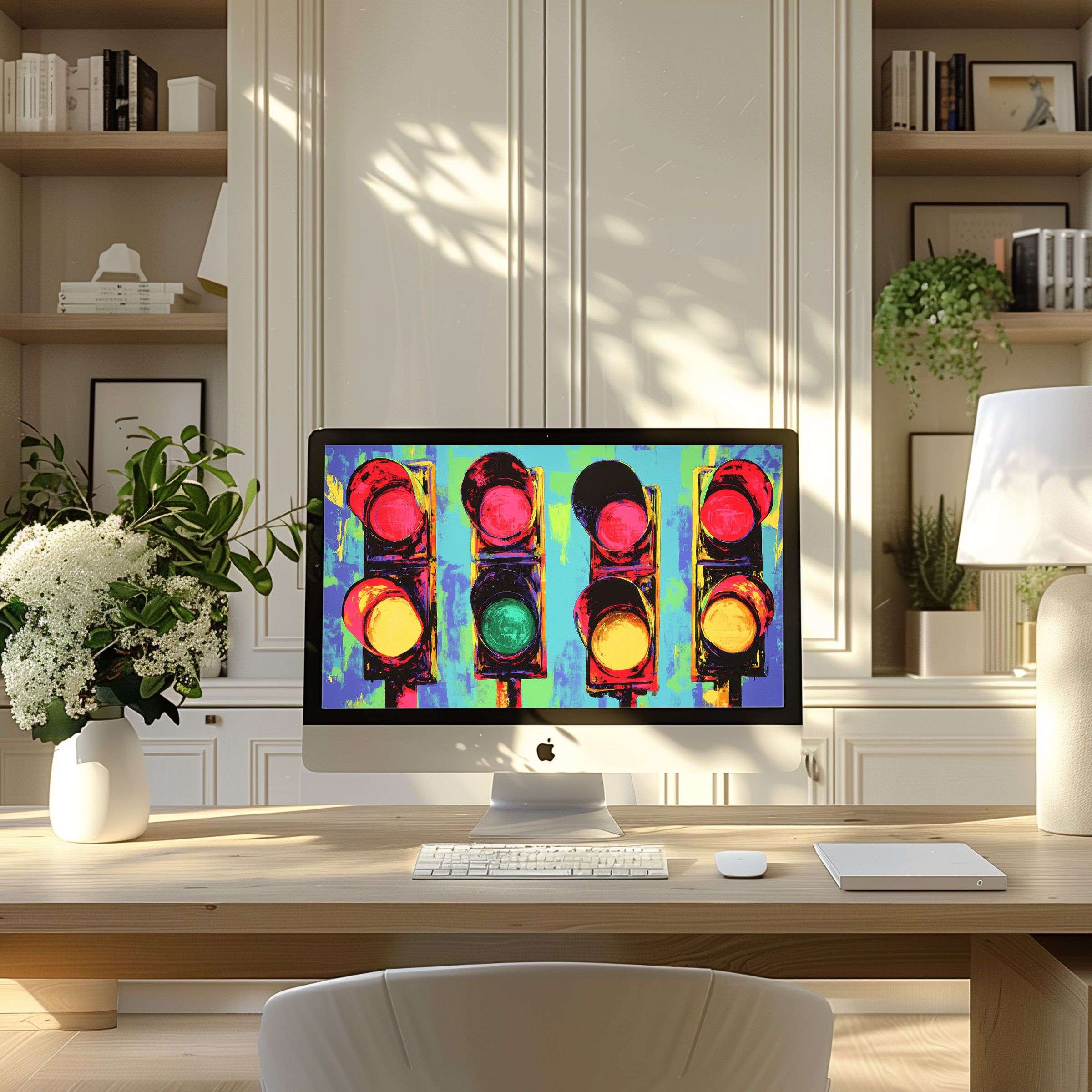 Traffic light digital art wallpaper for computer brings vibrant elegance to your PC or Laptop in a serene modern home office