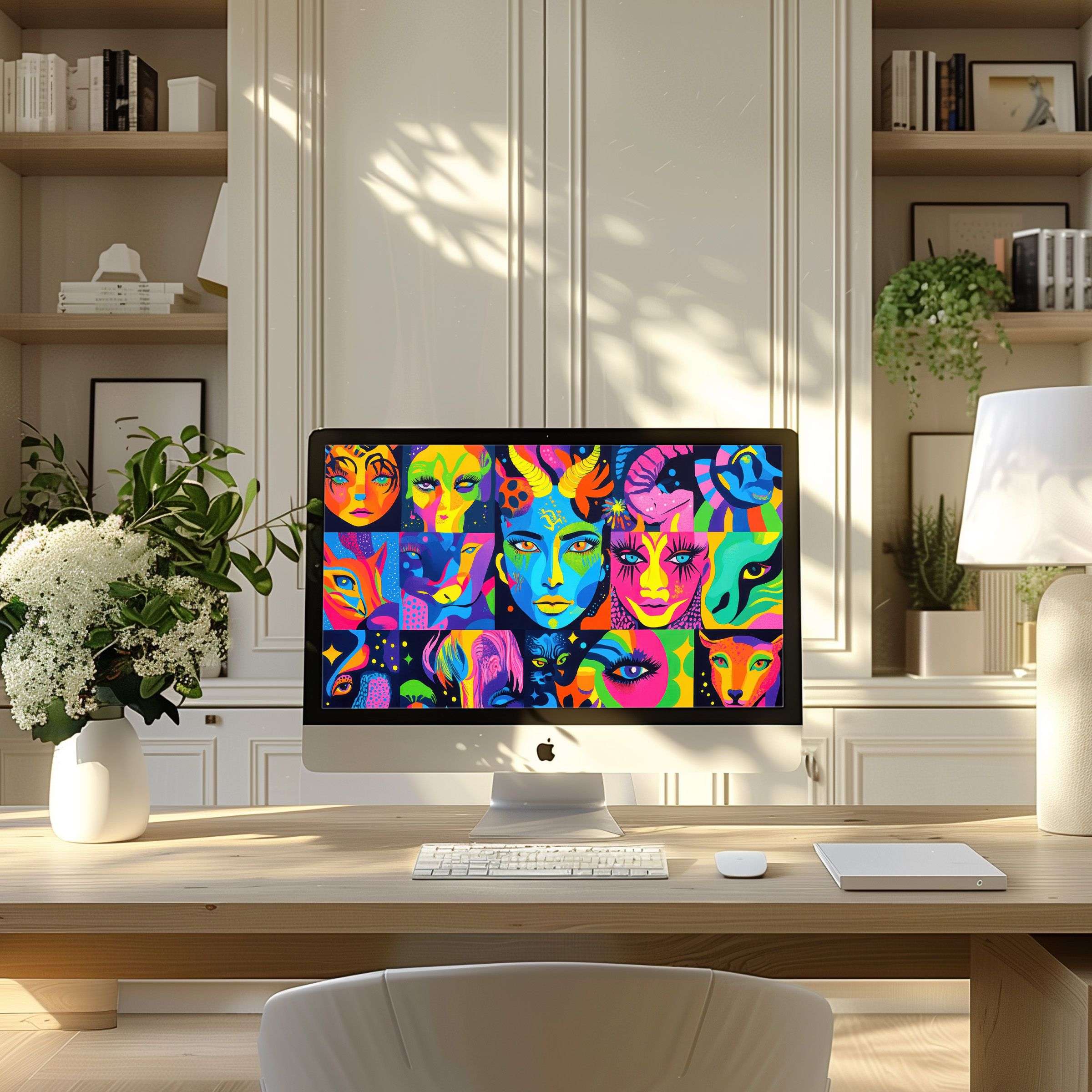 Vibrant digital art wallpaper for computer brings elegance and inspiration to your PC or laptop in a modern home office setting