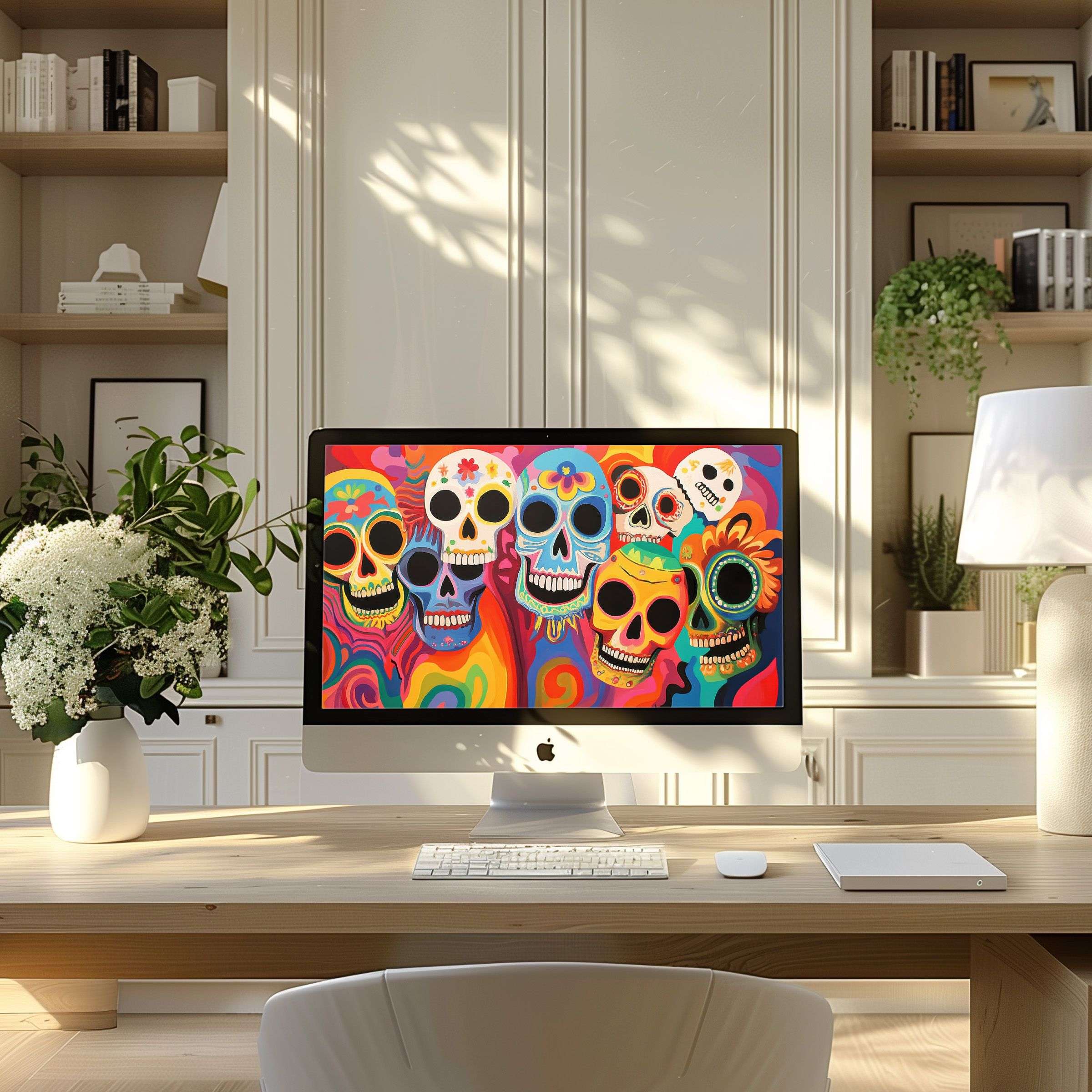 Vibrant skull art wallpaper for computer transforms any modern home office desk into a serene, inspiring space for PC or Laptop users