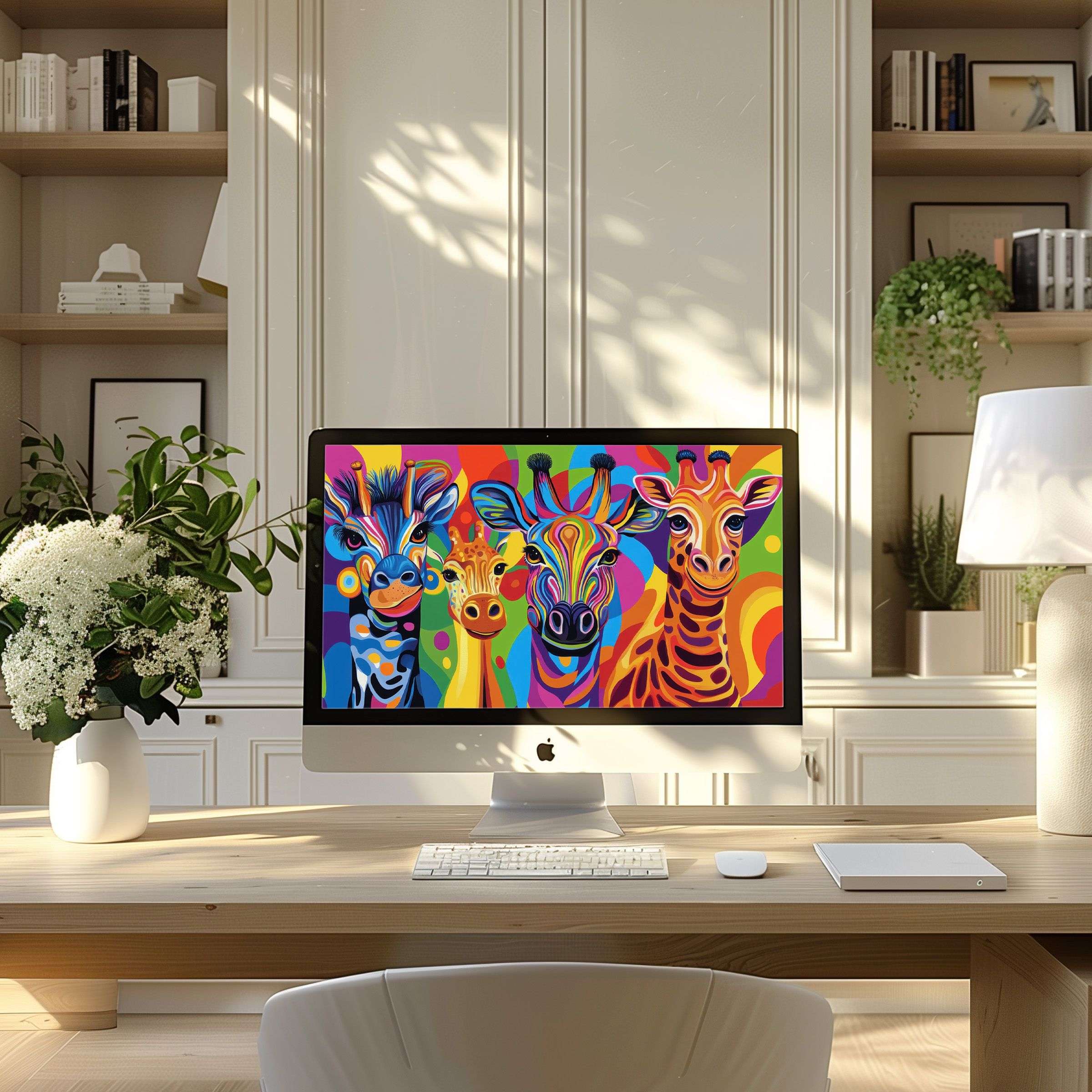 Vibrant giraffe digital art wallpaper for computer PC or laptop in a serene modern home office inspiring elegance and calm