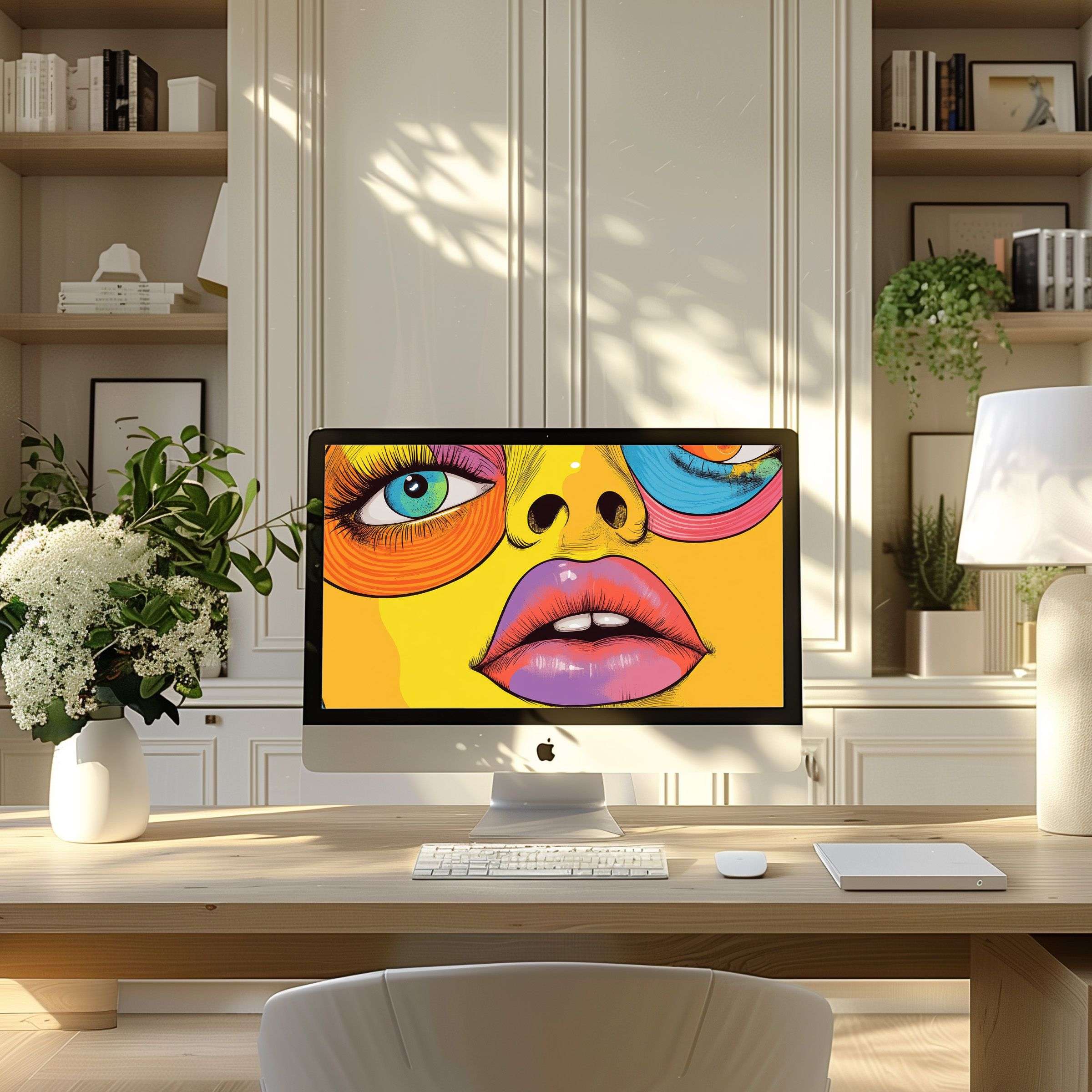Colorful abstract art wallpaper for computer in a serene office setting inspires elegance, perfect for PC or laptop download