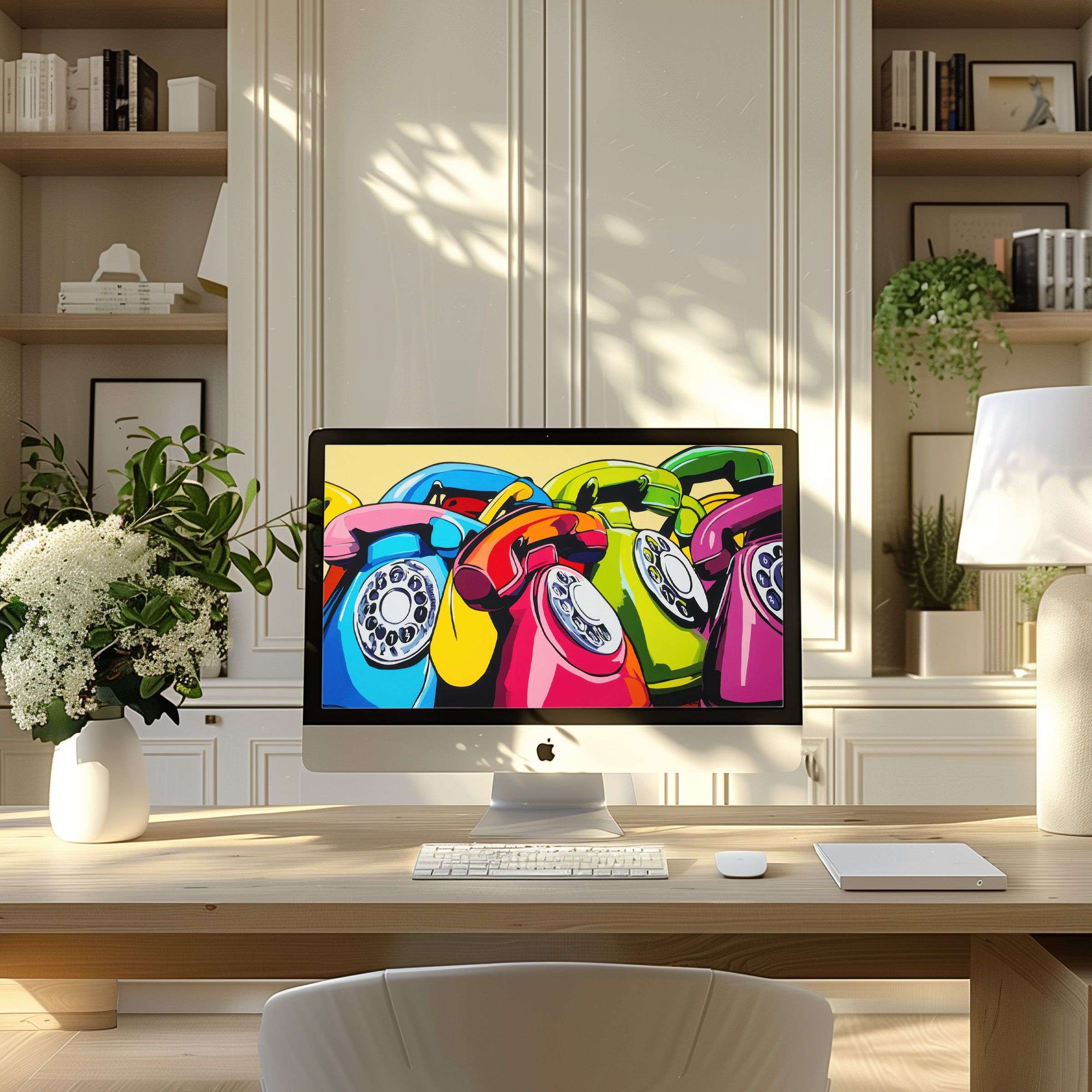 Vibrant pop art telephones as wallpaper for computer in a modern home office, enhancing elegance and calm for PC and Laptop users
