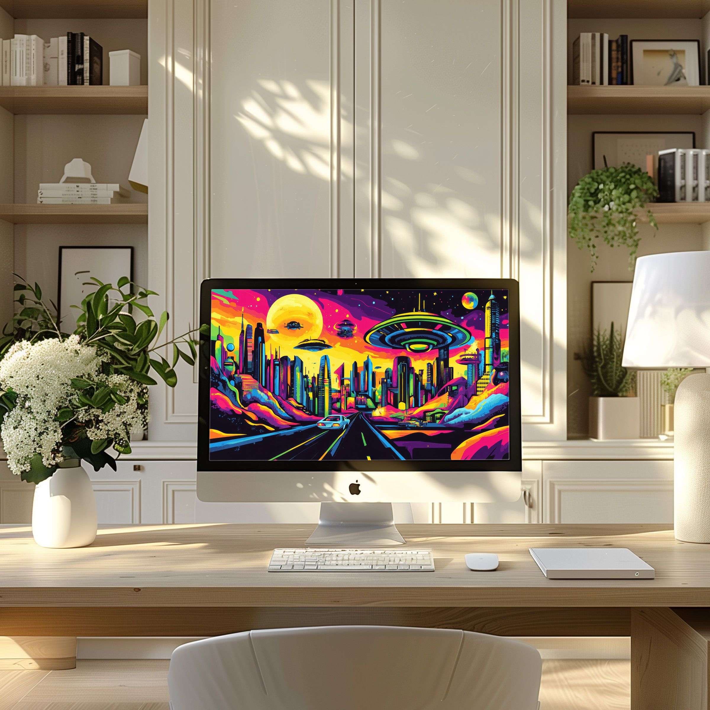Vibrant futuristic landscape as wallpaper for computer inspiring calm elegance in a modern home office setting fits PC laptop download
