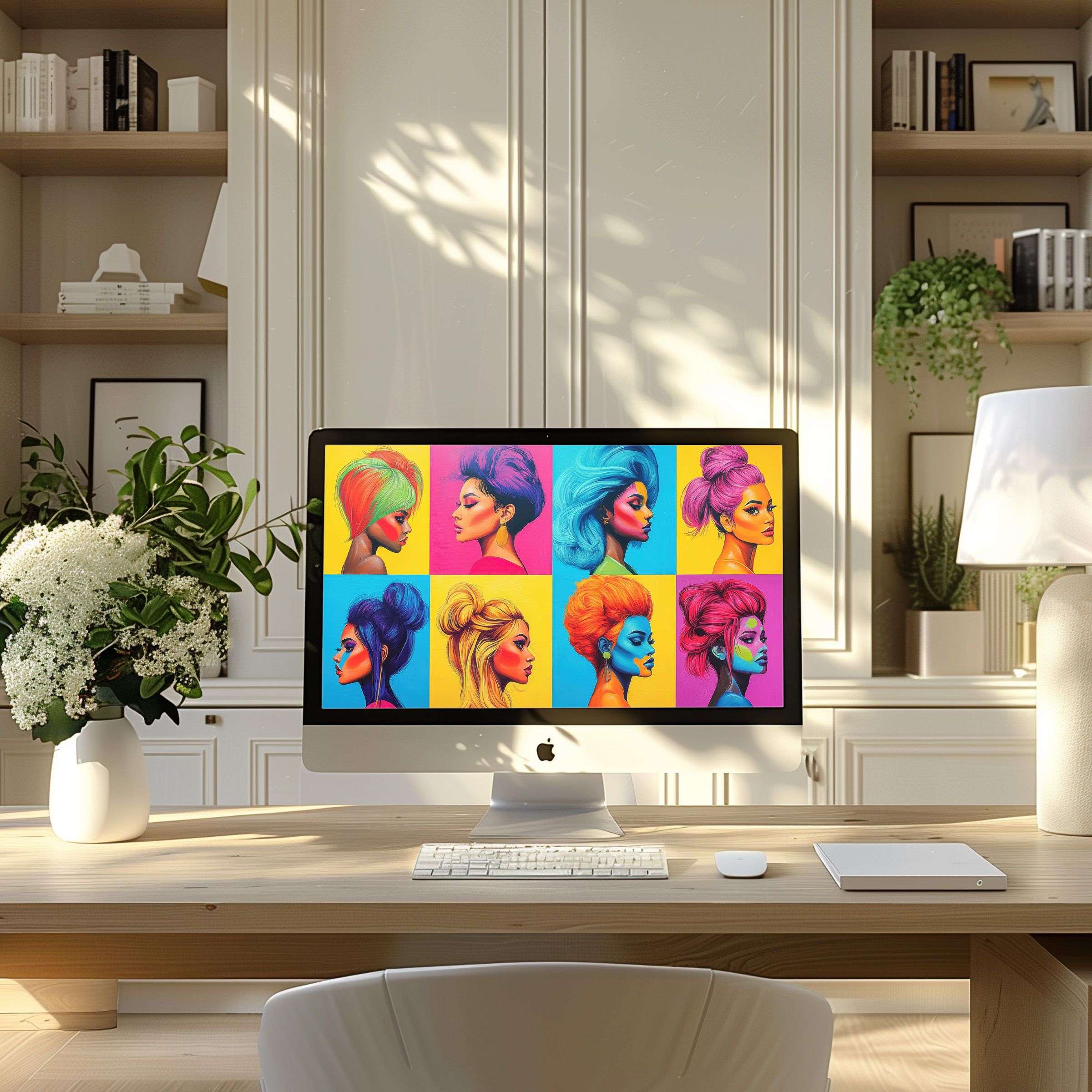 Vibrant collage wallpaper for computer offers elegance and calm, perfect for PC or laptop in a serene, modern home office