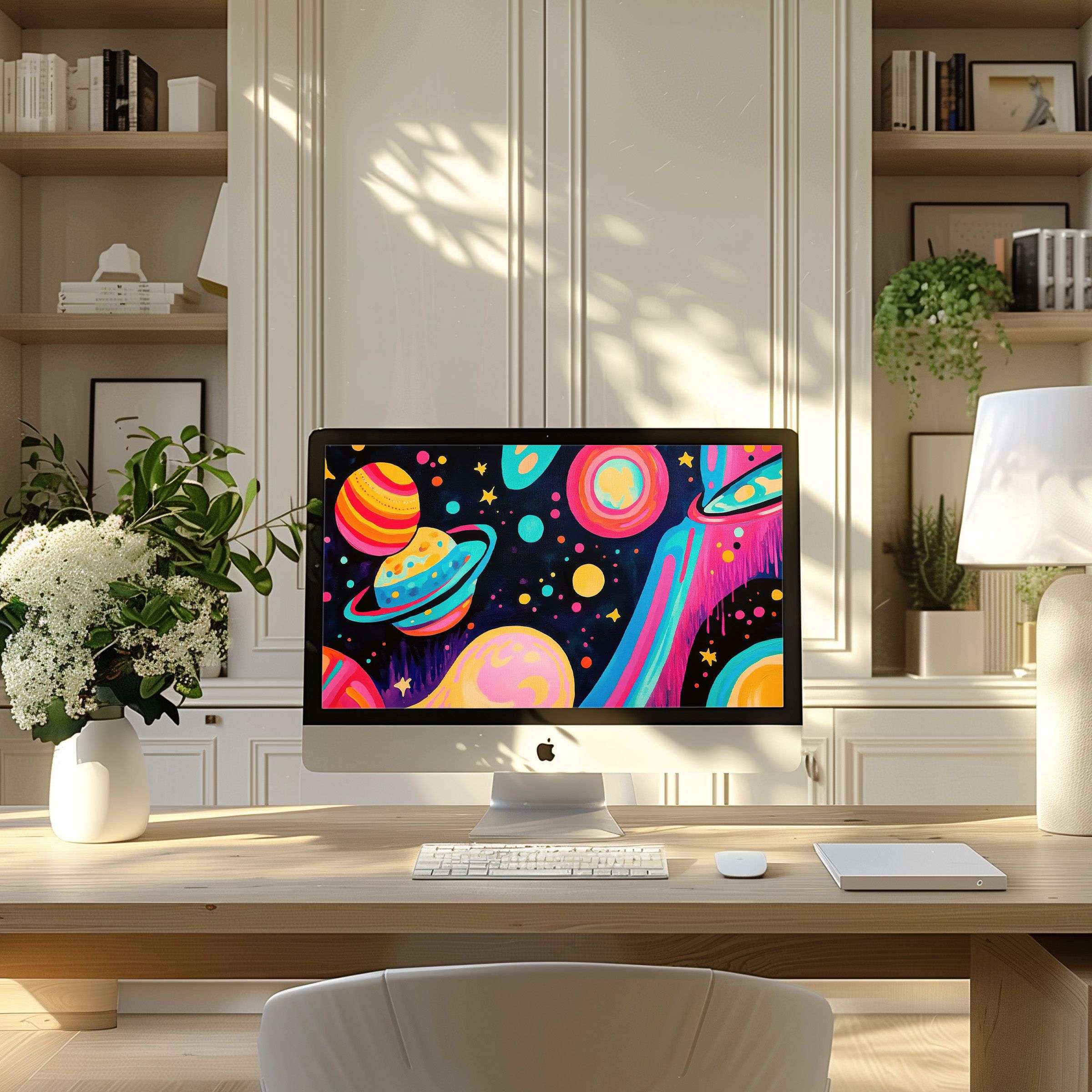 Colorful cosmic digital art wallpaper for computer offering calm and inspiration, fits ultrawide PC and laptop in modern home office