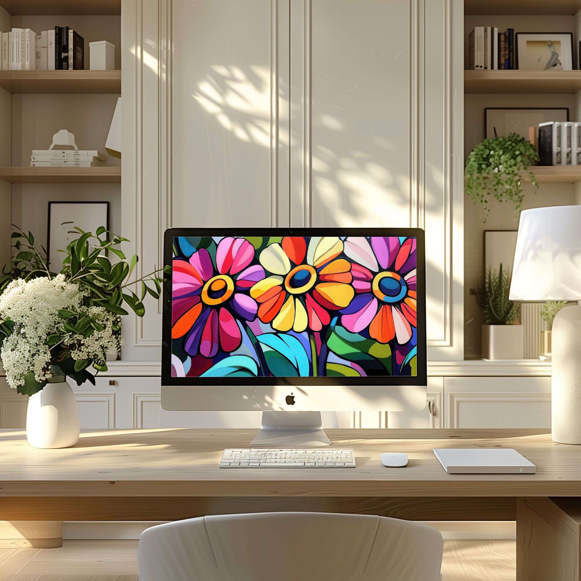 Vibrant floral digital art wallpaper for computer adds elegance to modern home office desks, fitting PC and laptop screens seamlessly