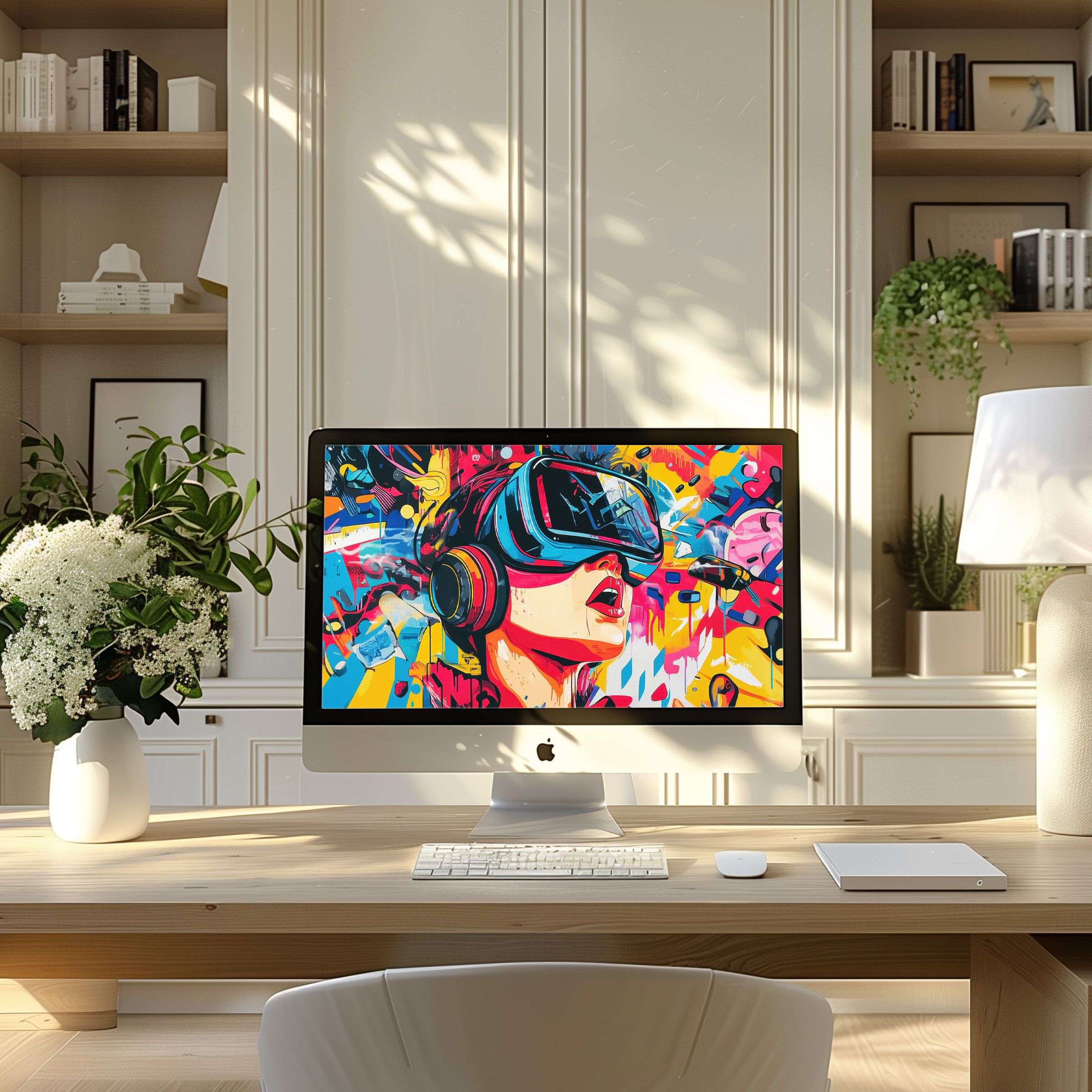 Vibrant digital art wallpaper for computer featuring colorful VR motifs, perfect for inspiring elegance on PC or laptop in modern office