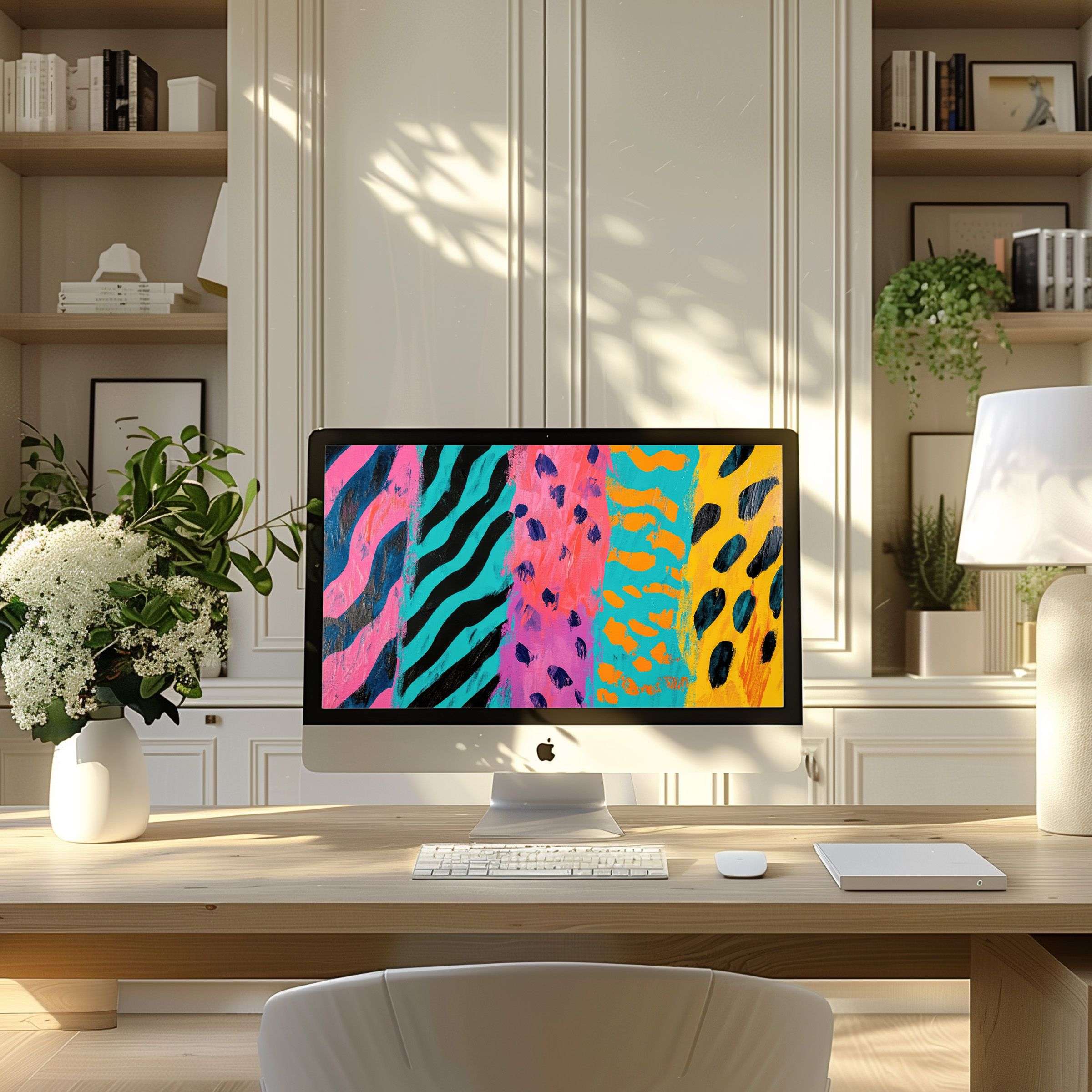 Vibrant abstract wallpaper for computer in a modern office evokes inspiration and calm, perfect for PC, laptop, ultrawide screens
