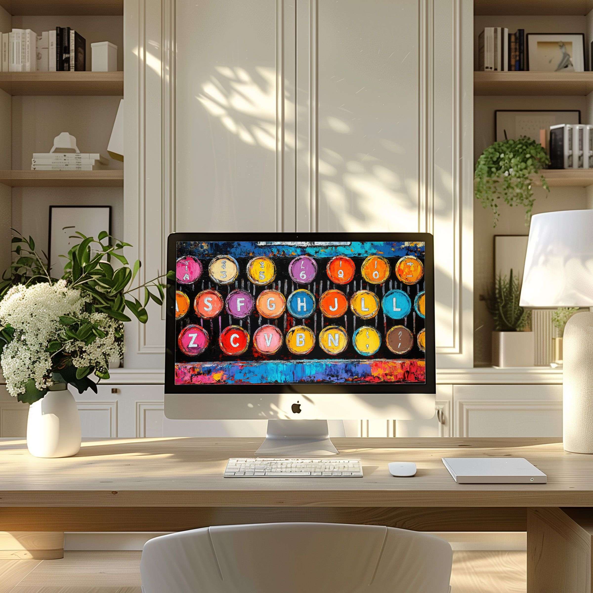 Elegant vintage typewriter key art as a wallpaper for computer inspiring calm in a modern home office setup for PC or Laptop
