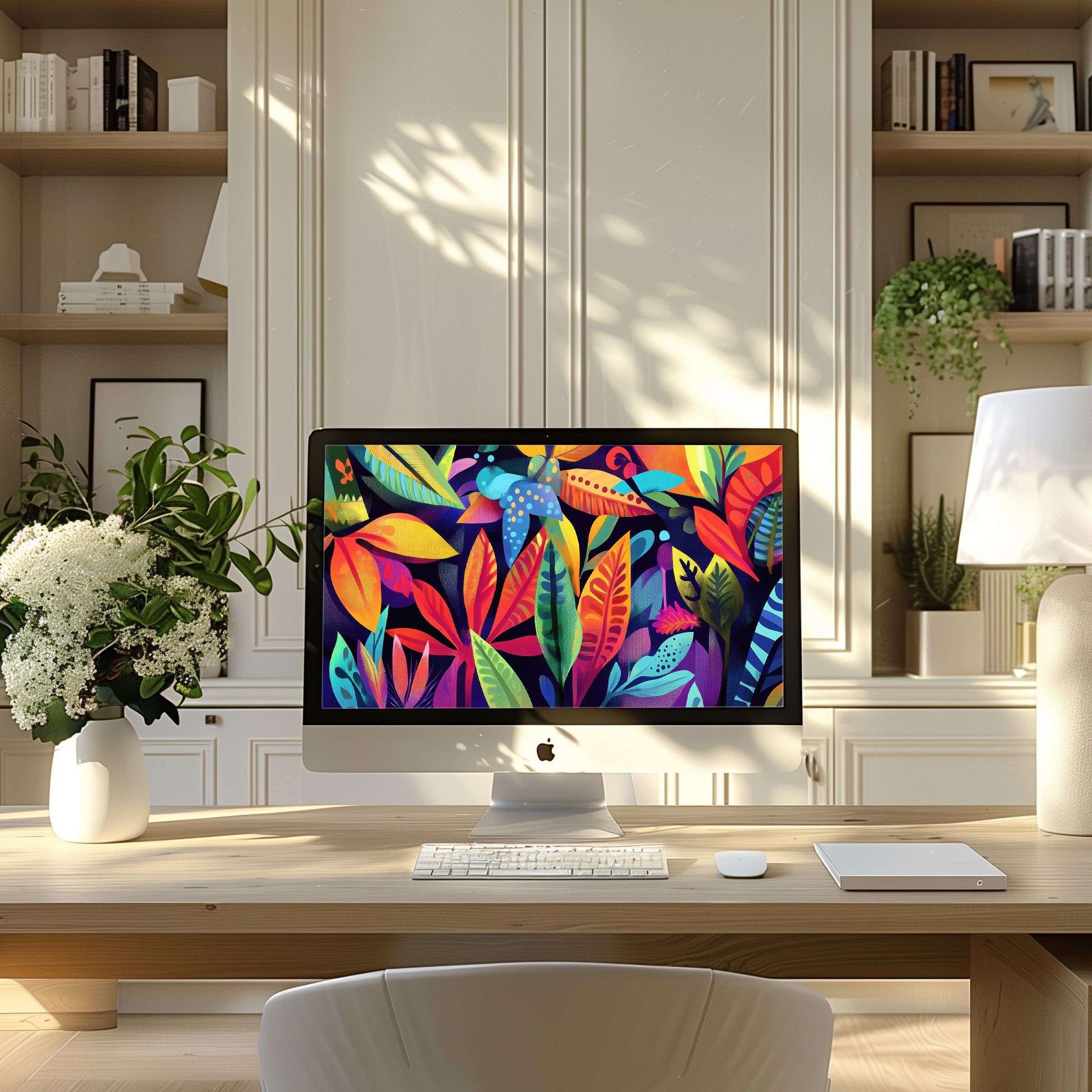Colorful tropical art wallpaper for computer in a modern home office setting brings calm and elegance to any PC or laptop display