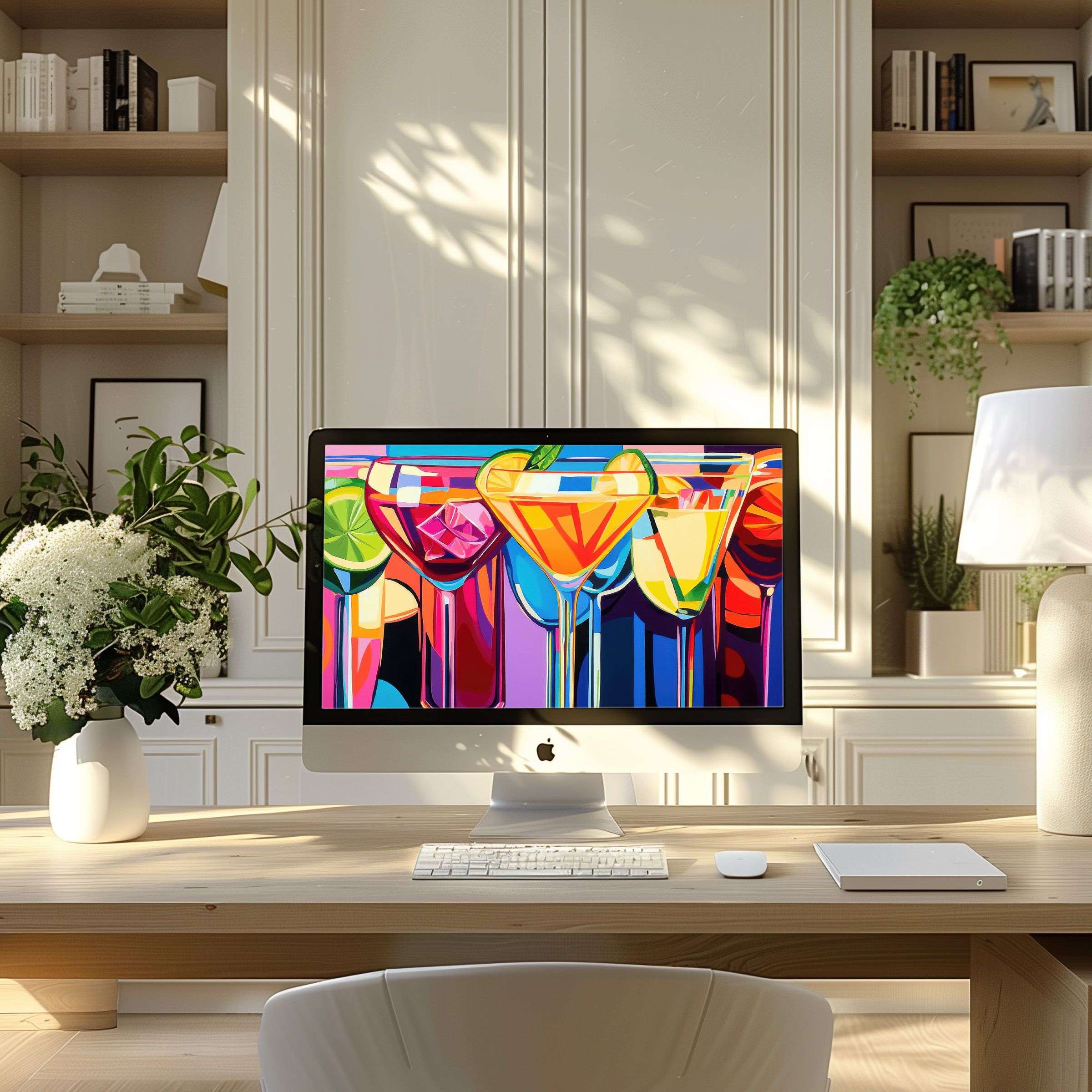 Vibrant abstract drink artwork brings calm and elegance to your modern home office, perfect wallpaper for computer, PC, or laptop