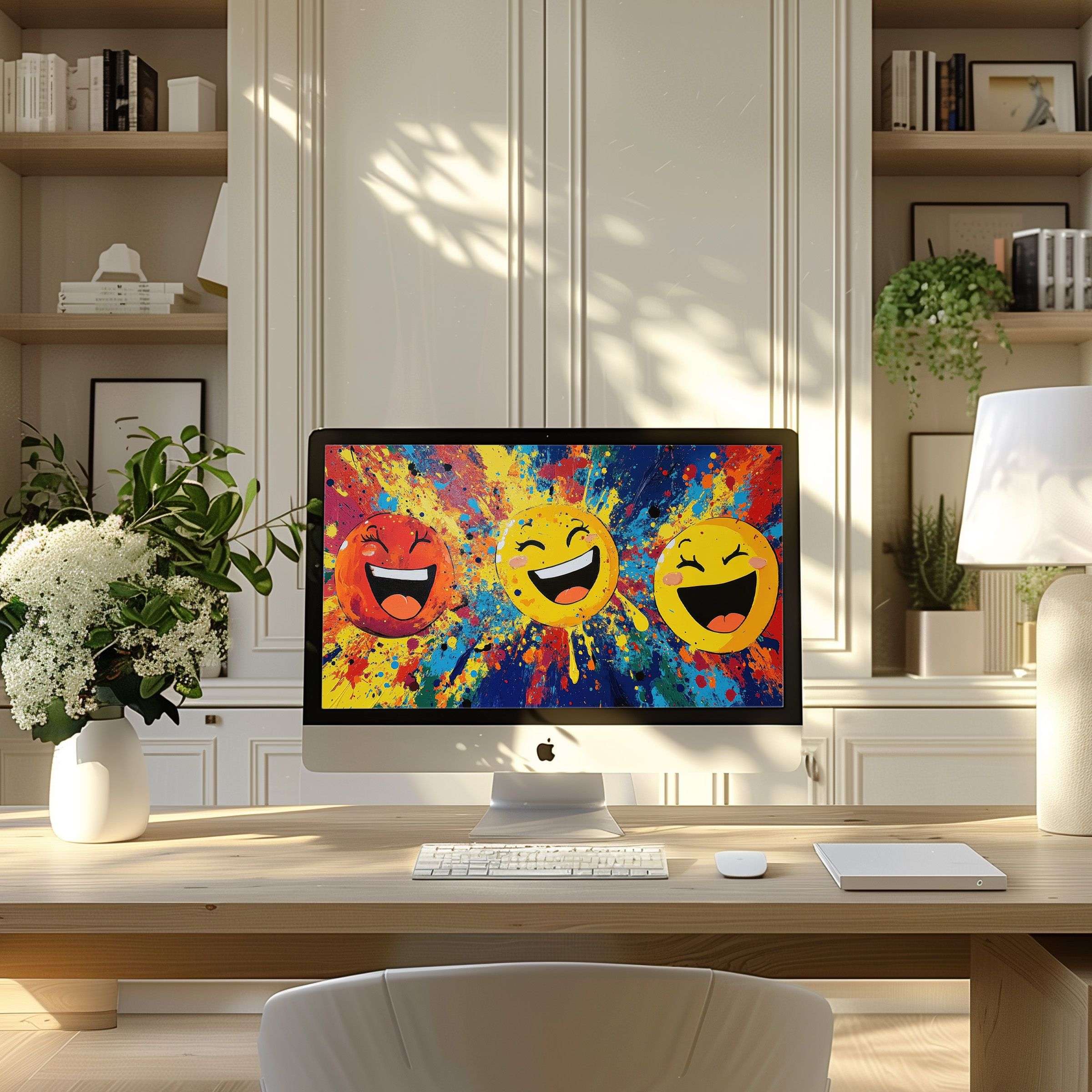 Vibrant splash art emojis as a wallpaper for computer, PC, or laptop, enhancing a modern home office with calm and inspiration