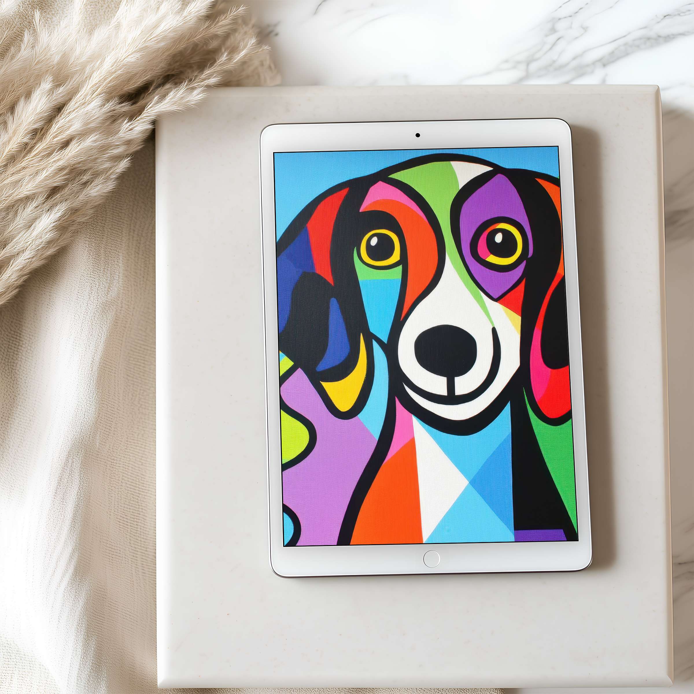 Vibrant abstract dog art tablet wallpaper in high resolution enhances interior calm with a stylish, eco-friendly digital download
