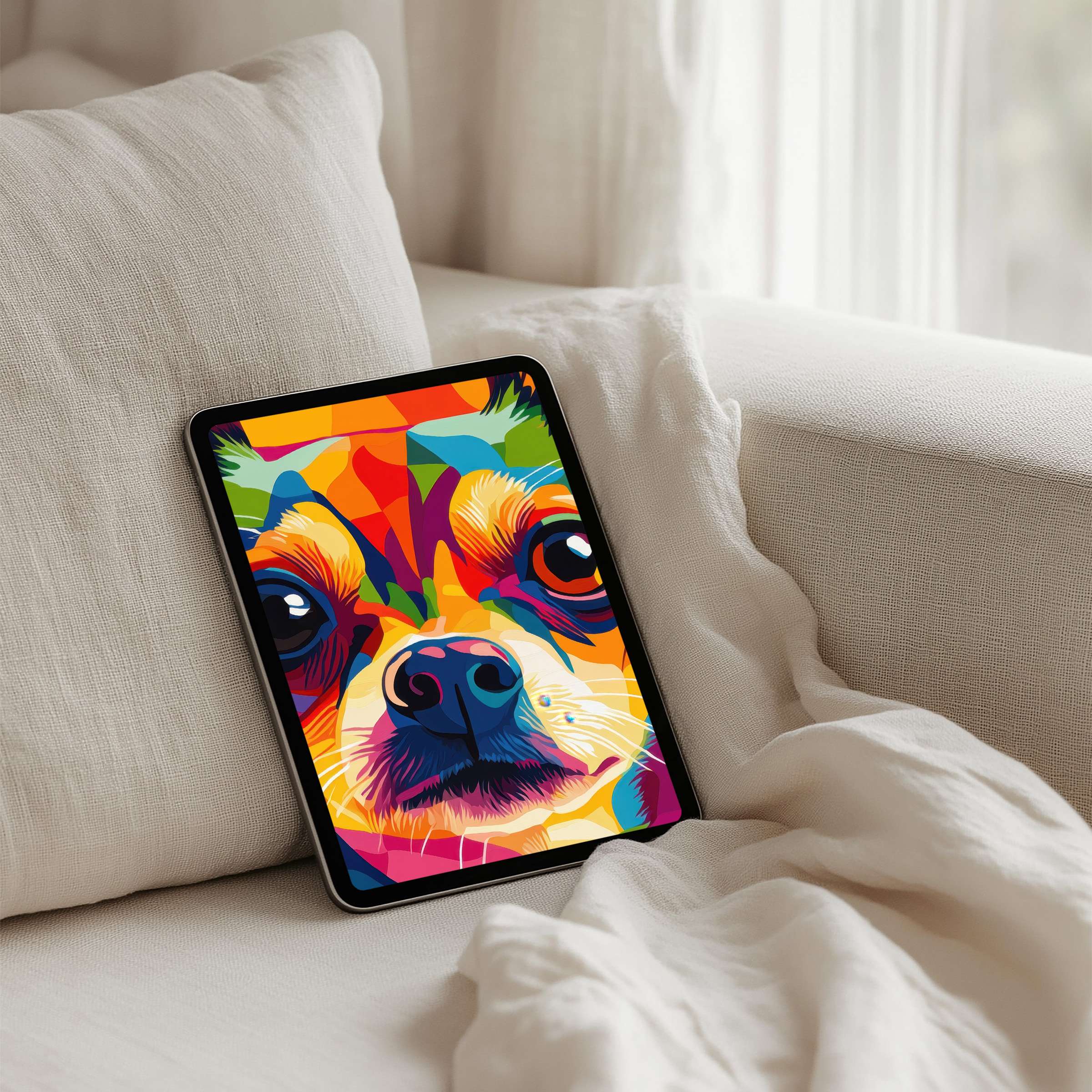 Elegant iPad background featuring vibrant dog art for instant download inspiring calm and mindfulness on any tablet device