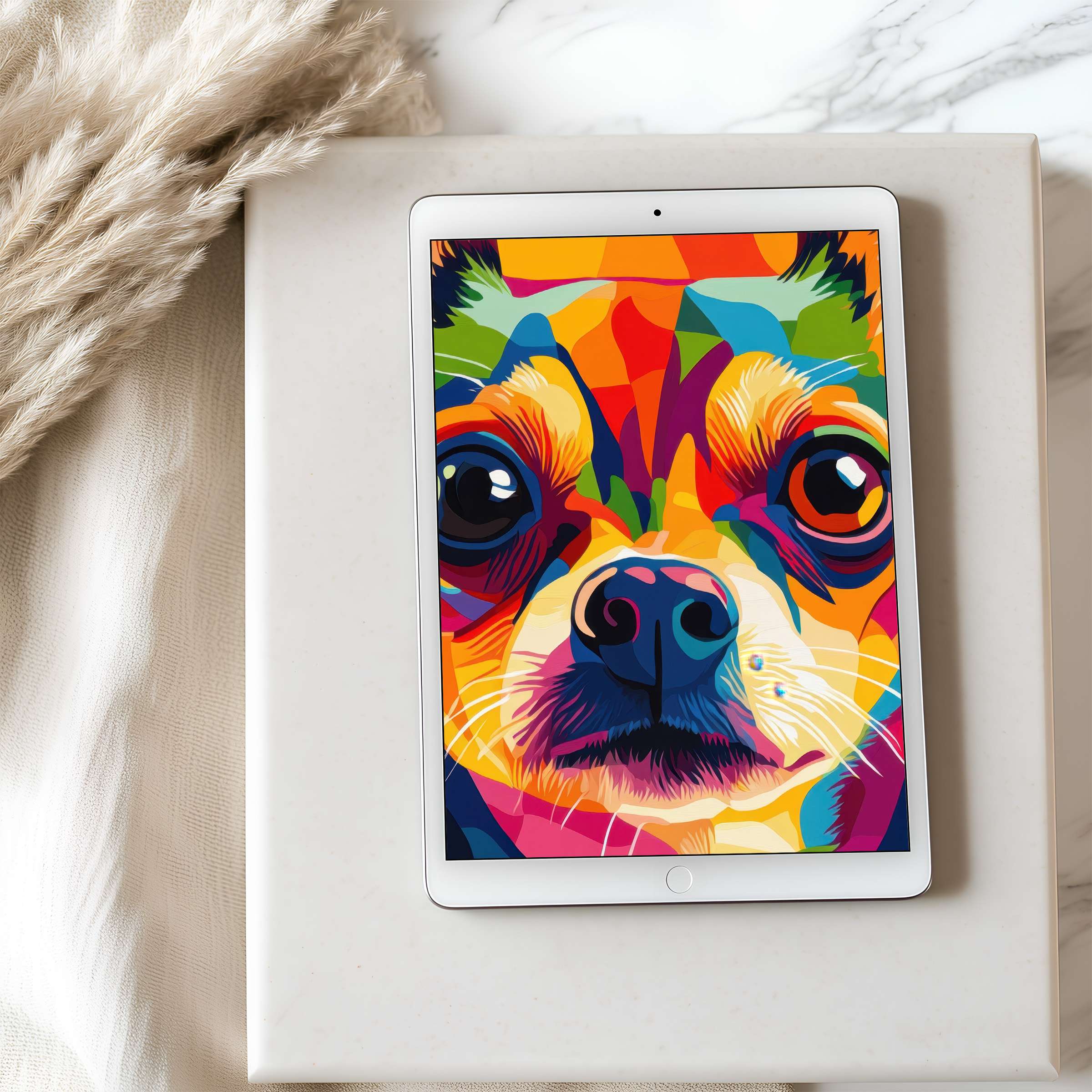 Vibrant abstract dog artwork as tablet wallpaper ideal for an iPad, offering high resolution and a calming digital download experience