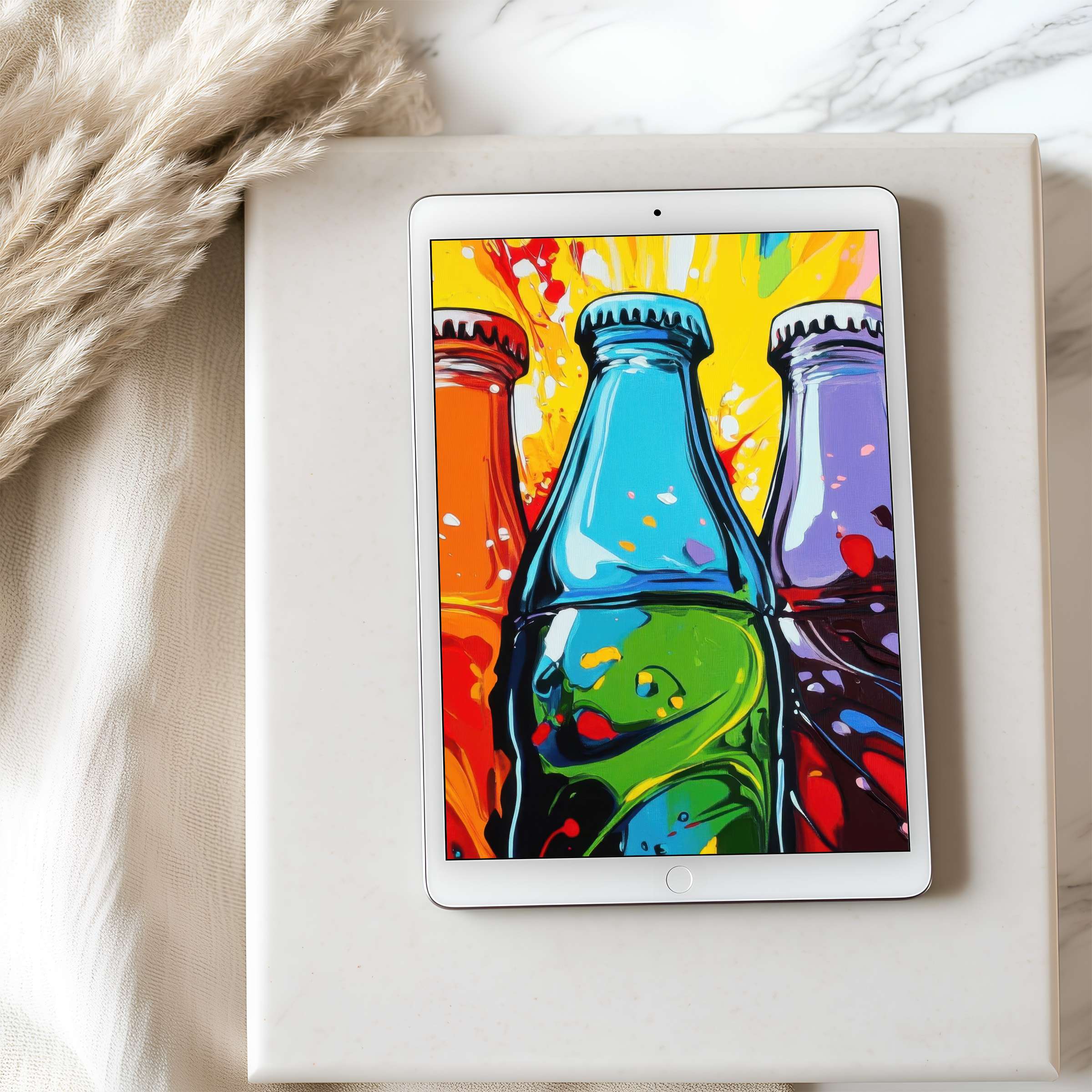 Colorful abstract art with vibrant bottles enhances this tablet wallpaper, ideal for high resolution iPad or Android download