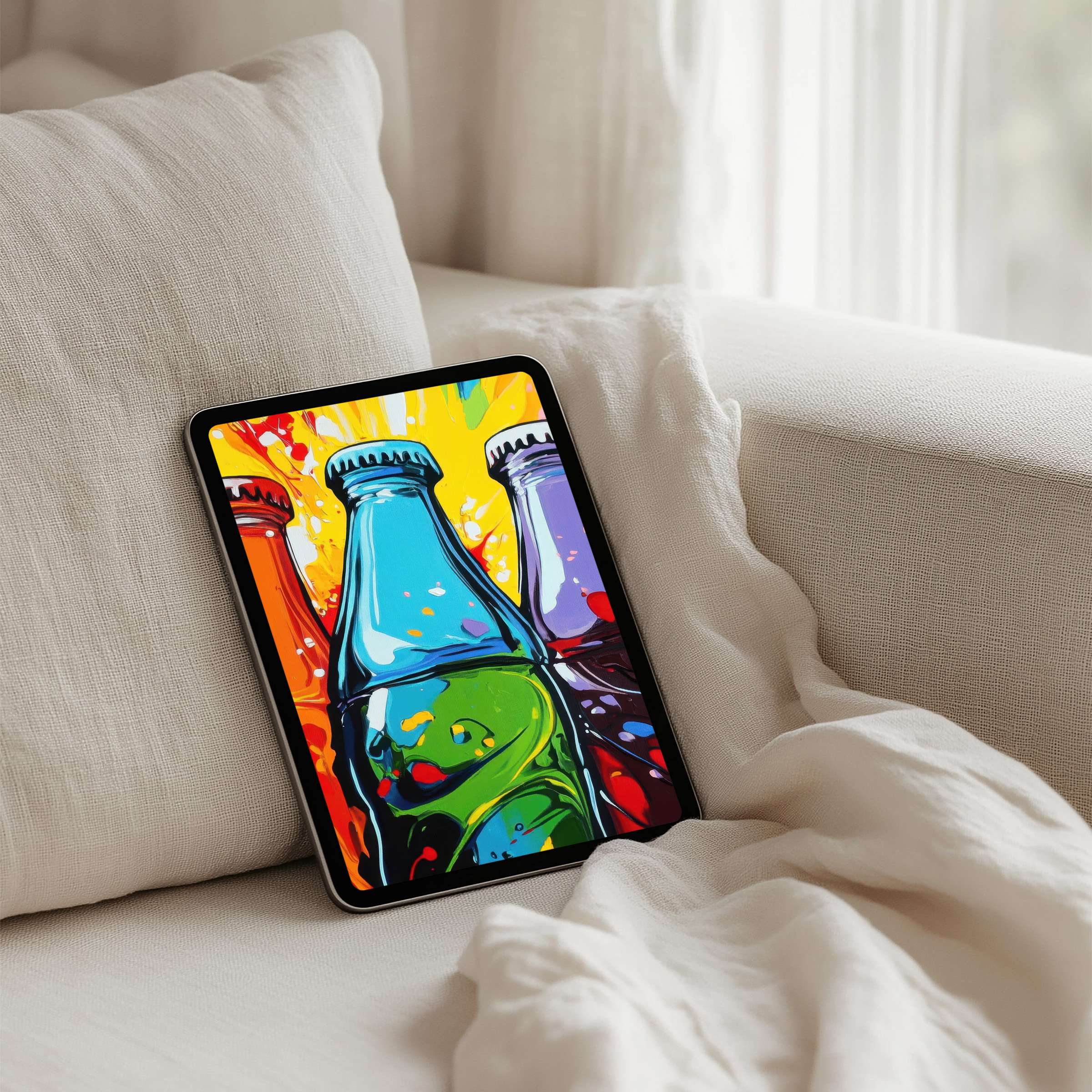 Colorful abstract art with vibrant bottles, perfect for an iPad background or tablet, offering calm elegance and instant download enjoyment