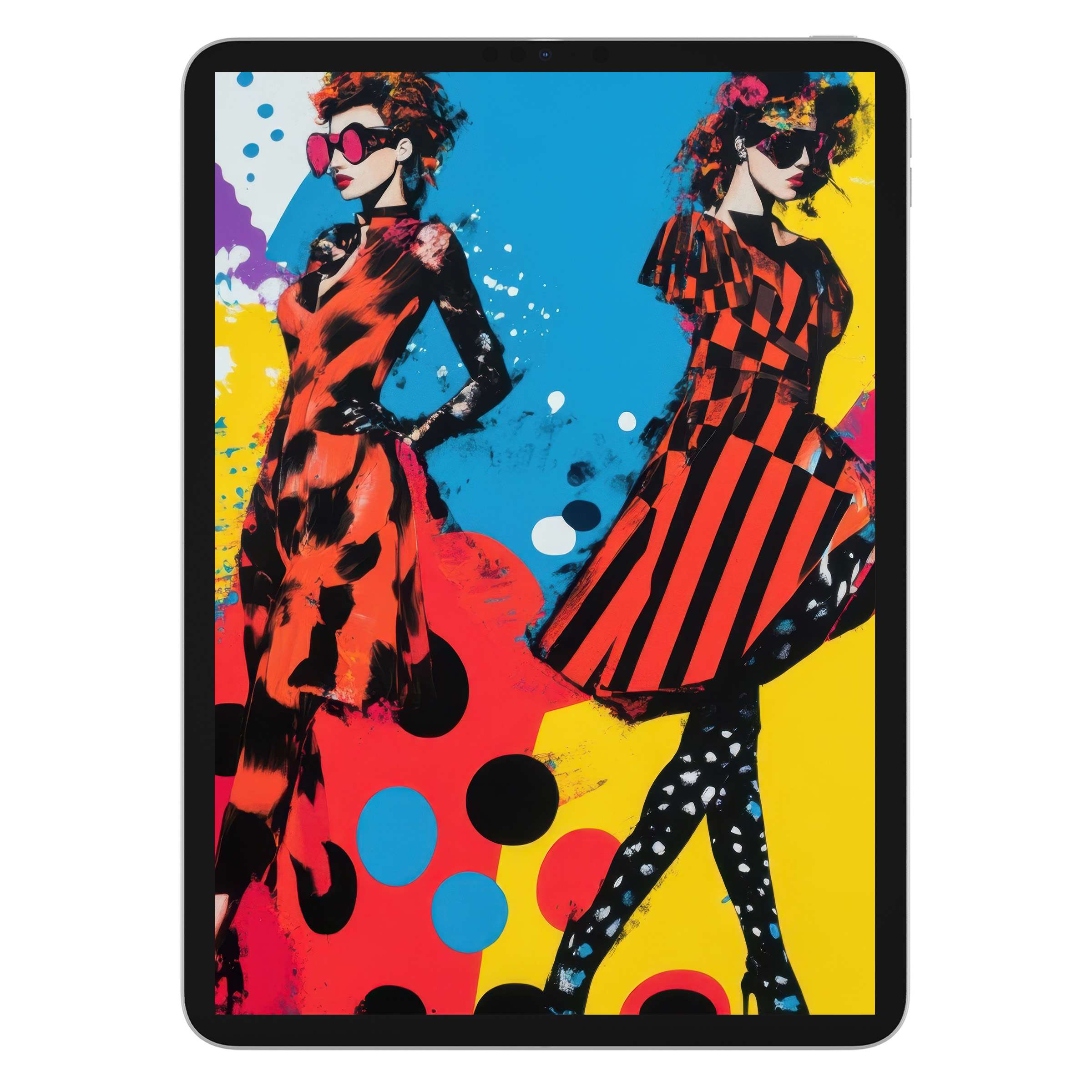 Vibrant pop art iPad wallpaper featuring bold red patterns on a bright, colorful background, perfect digital download for tablets