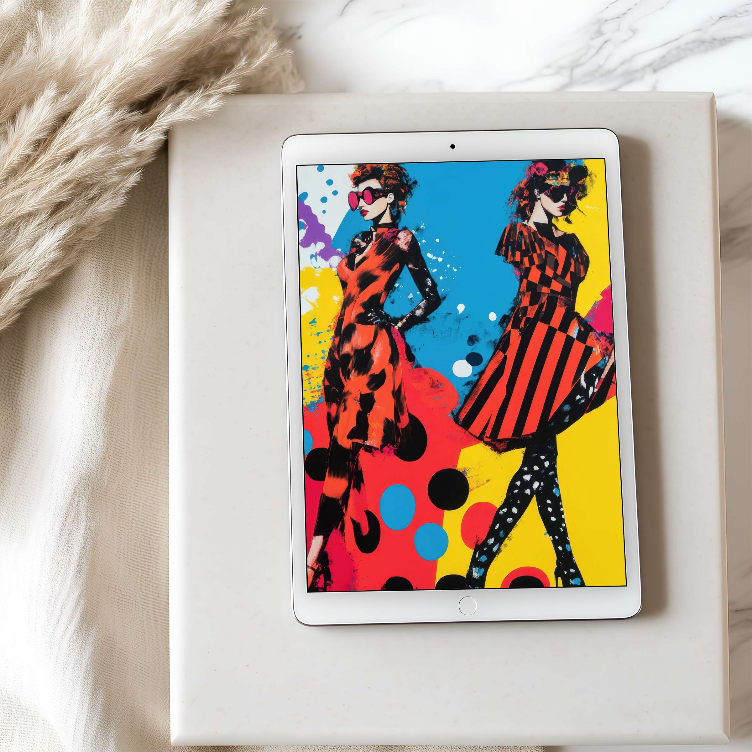 Colorful pop art tablet wallpaper featuring vibrant fashion motifs on an iPad elevates modern design with high resolution digital download