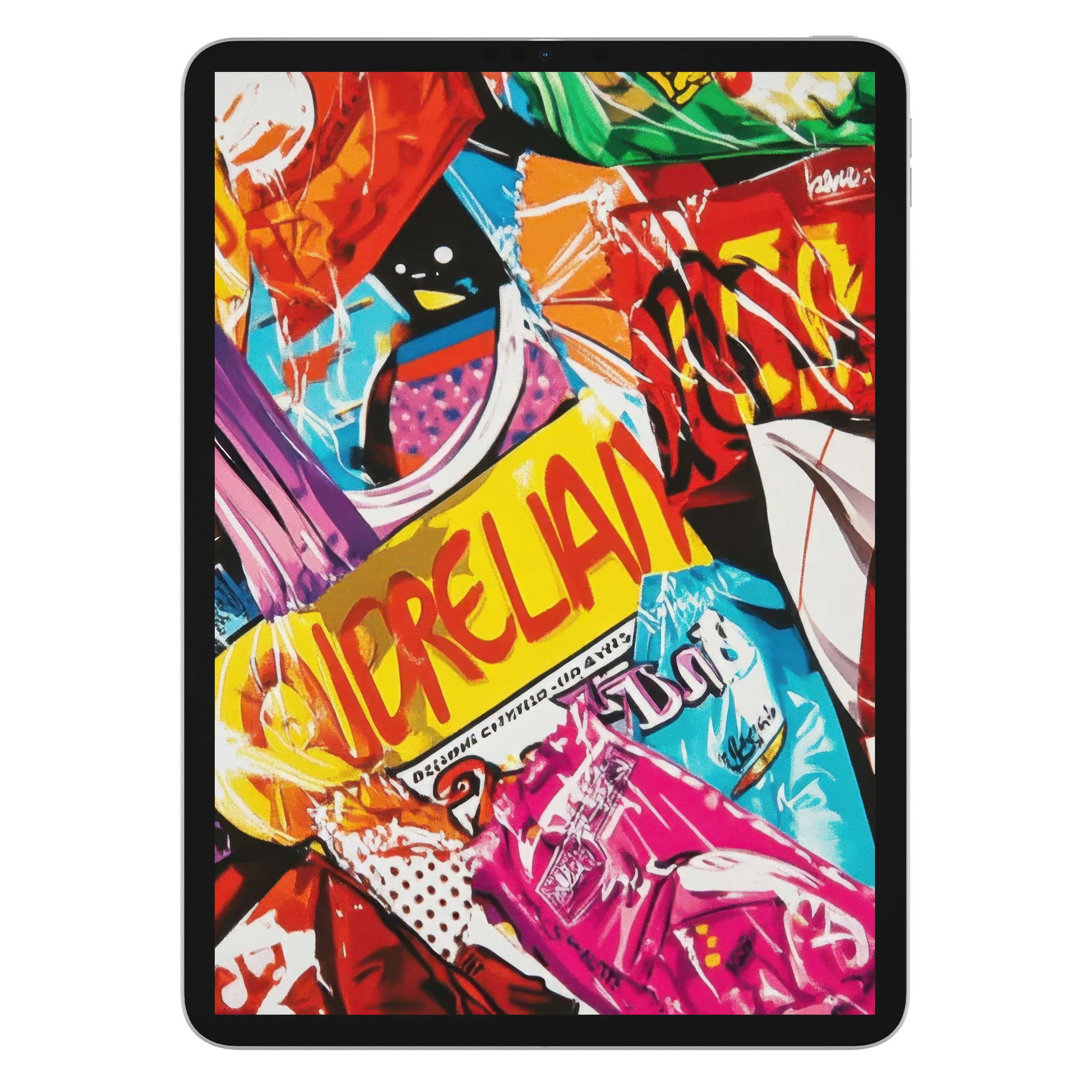 Vibrant pop art iPad wallpaper featuring bold colors and textures, perfect as a chic digital download background for tablets