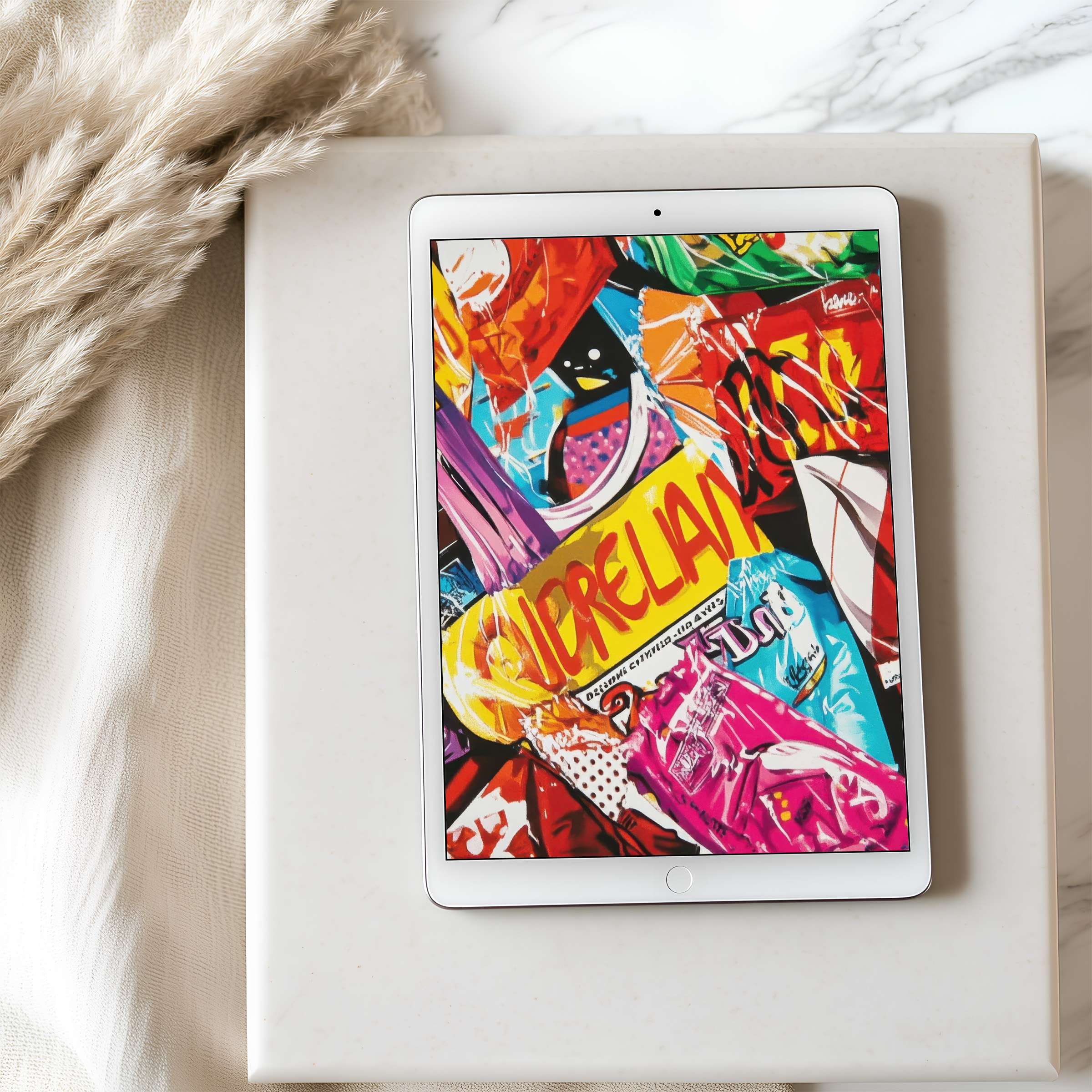 Vibrant abstract collage tablet wallpaper with bold colors, perfect for iPad and Android tablets, offers calming aesthetic appeal