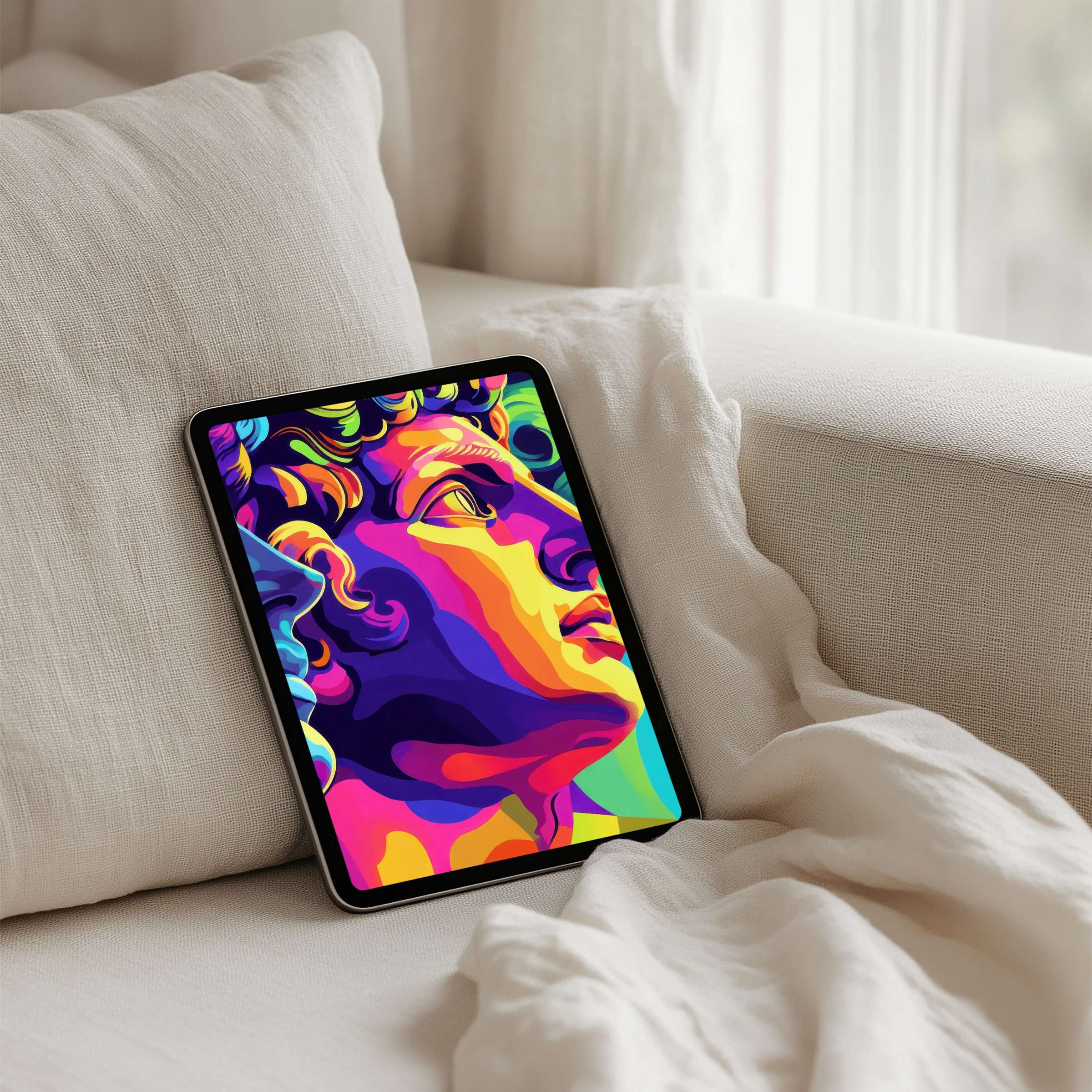 Vibrant pop art iPad background offering instant download for tablet users seeking inspiration and calm in a cozy, elegant setting