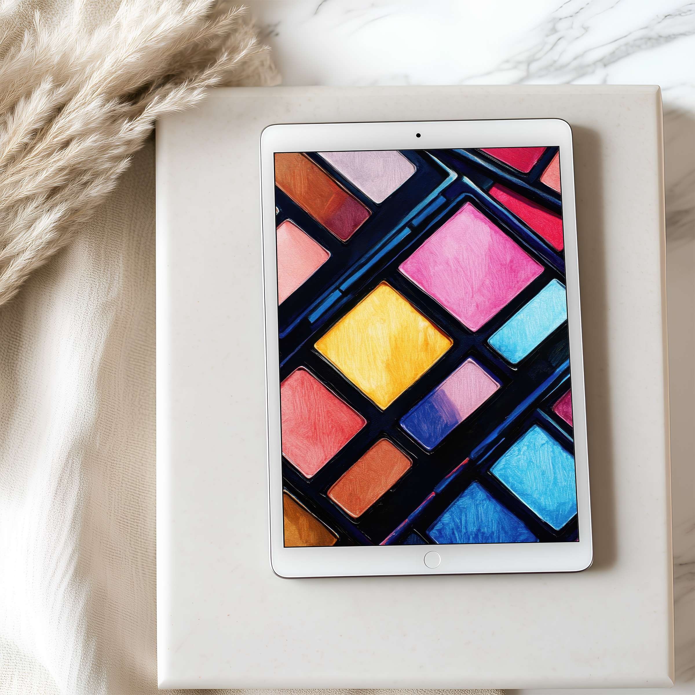 Colorful abstract design tablet wallpaper blends vibrant geometric patterns, perfect for iPad high resolution, enhancing serene spaces