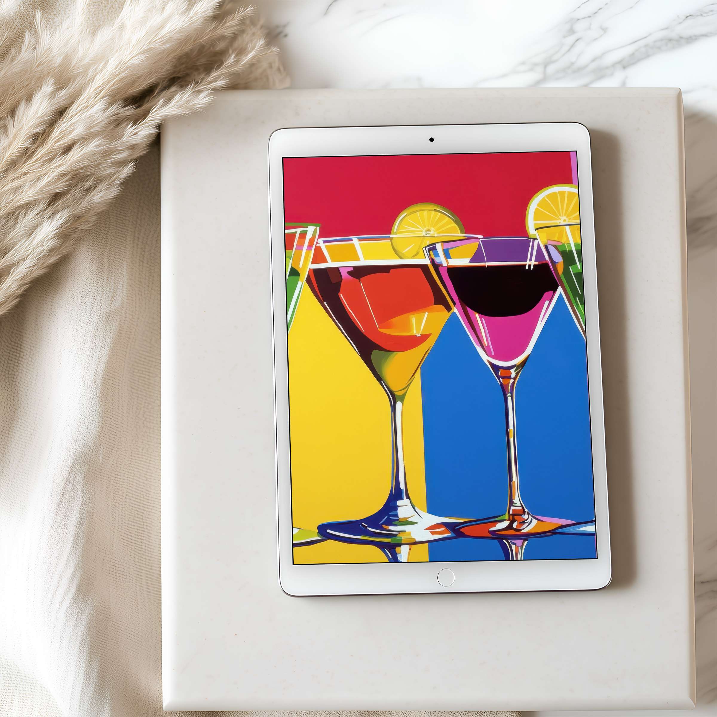 Vibrant tablet wallpaper featuring colorful cocktails against bold backgrounds, perfect for high resolution iPad and Android downloads