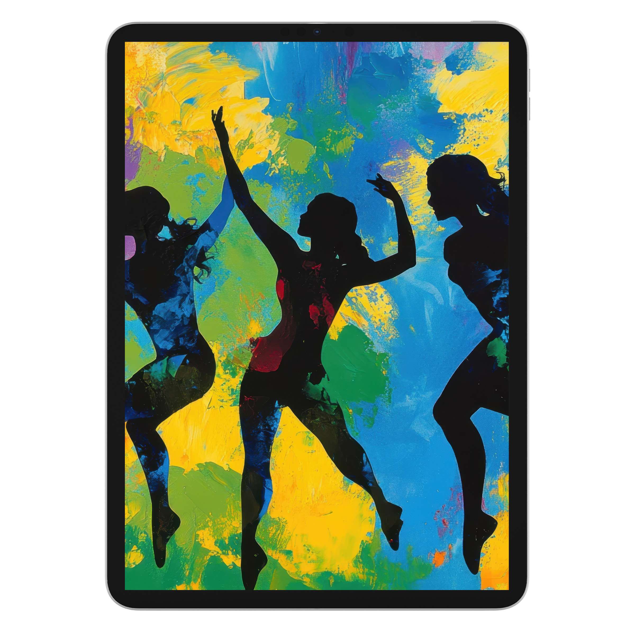 Vibrant pop art iPad wallpaper brings silhouettes dancing against colorful splashes, ideal digital download for tablet background art lovers