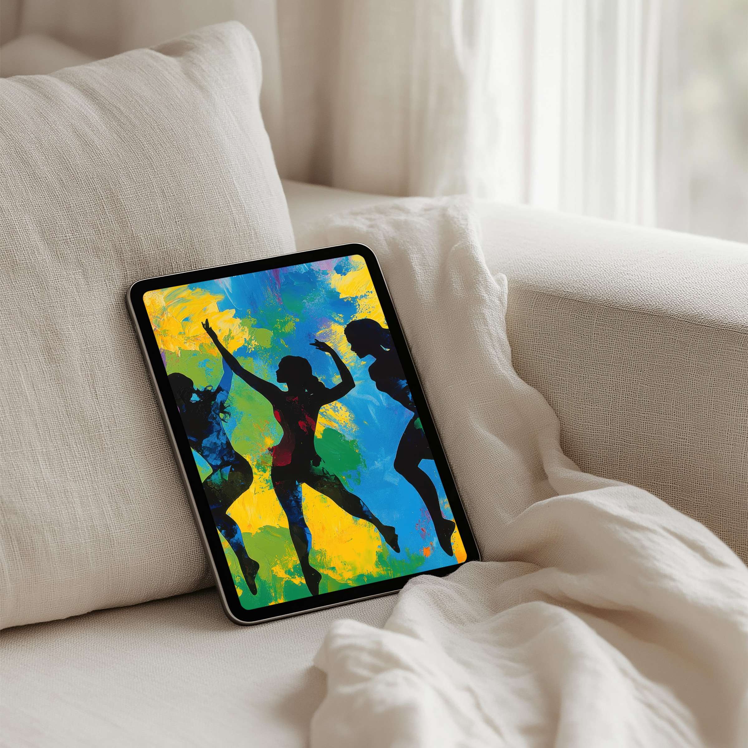 Colorful dancers silhouette on an abstract iPad background, perfect for instant download on any tablet, bringing elegance and calm