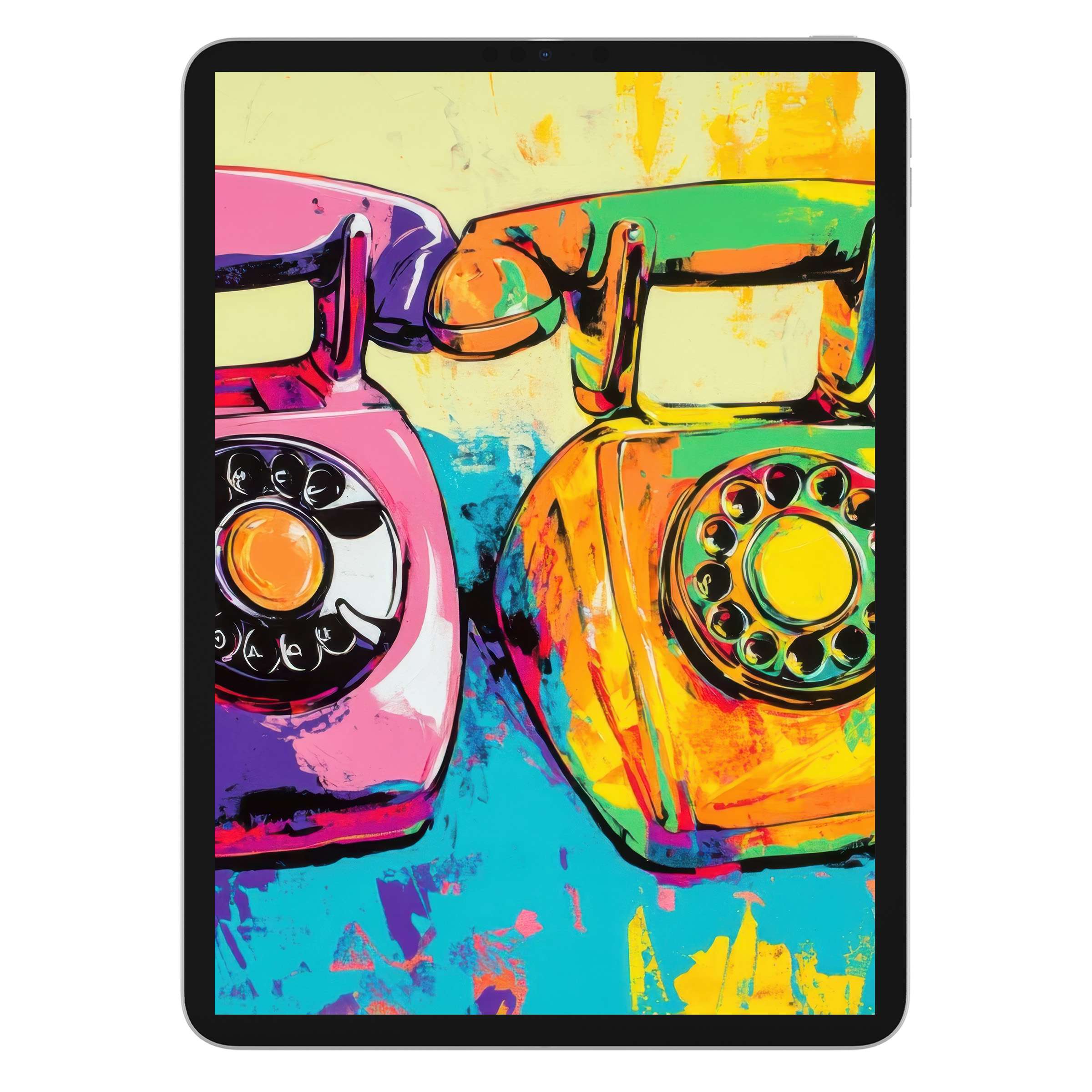 Vibrant pop art iPad wallpaper featuring retro phones in bold colors, perfect digital download for tablet background, aesthetic charm