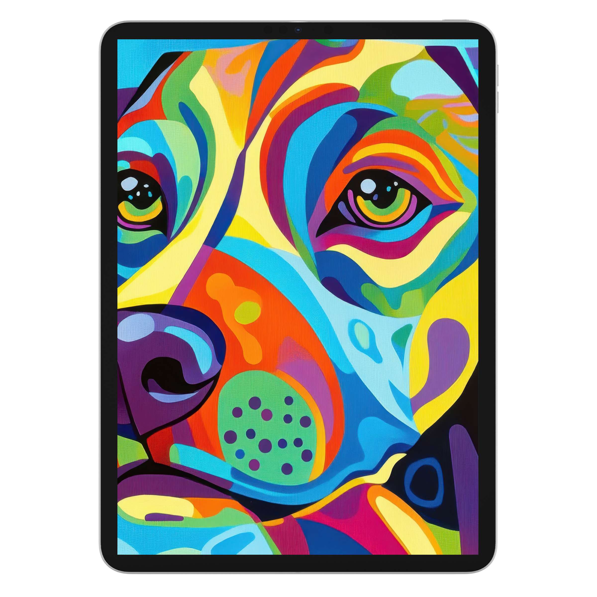 Vibrant pop art iPad wallpaper with colorful dog portrait, perfect digital download for elegant tablet background, enhancing style