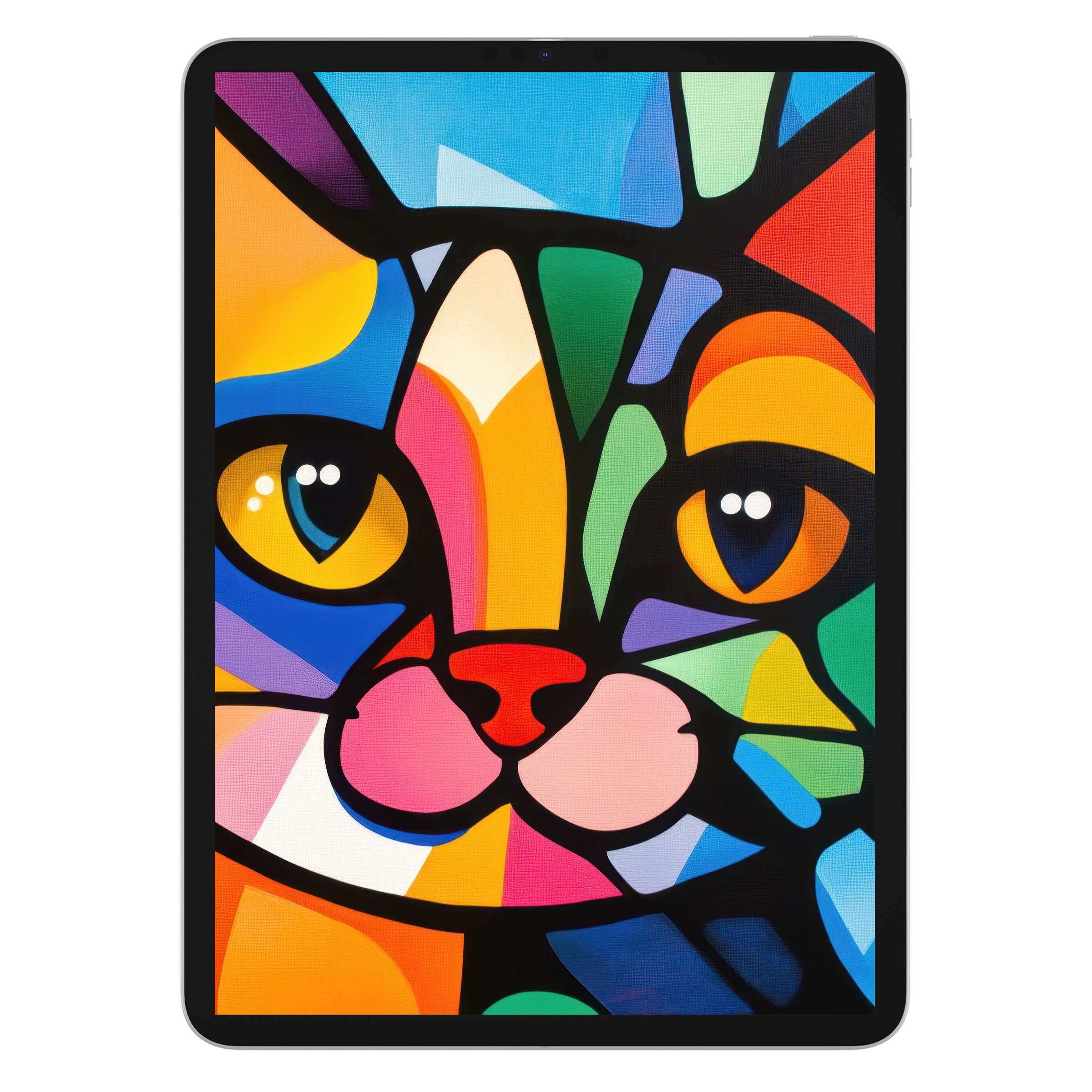 Vibrant pop art iPad wallpaper featuring a colorful geometric cat design enhances your tablet background with digital download appeal