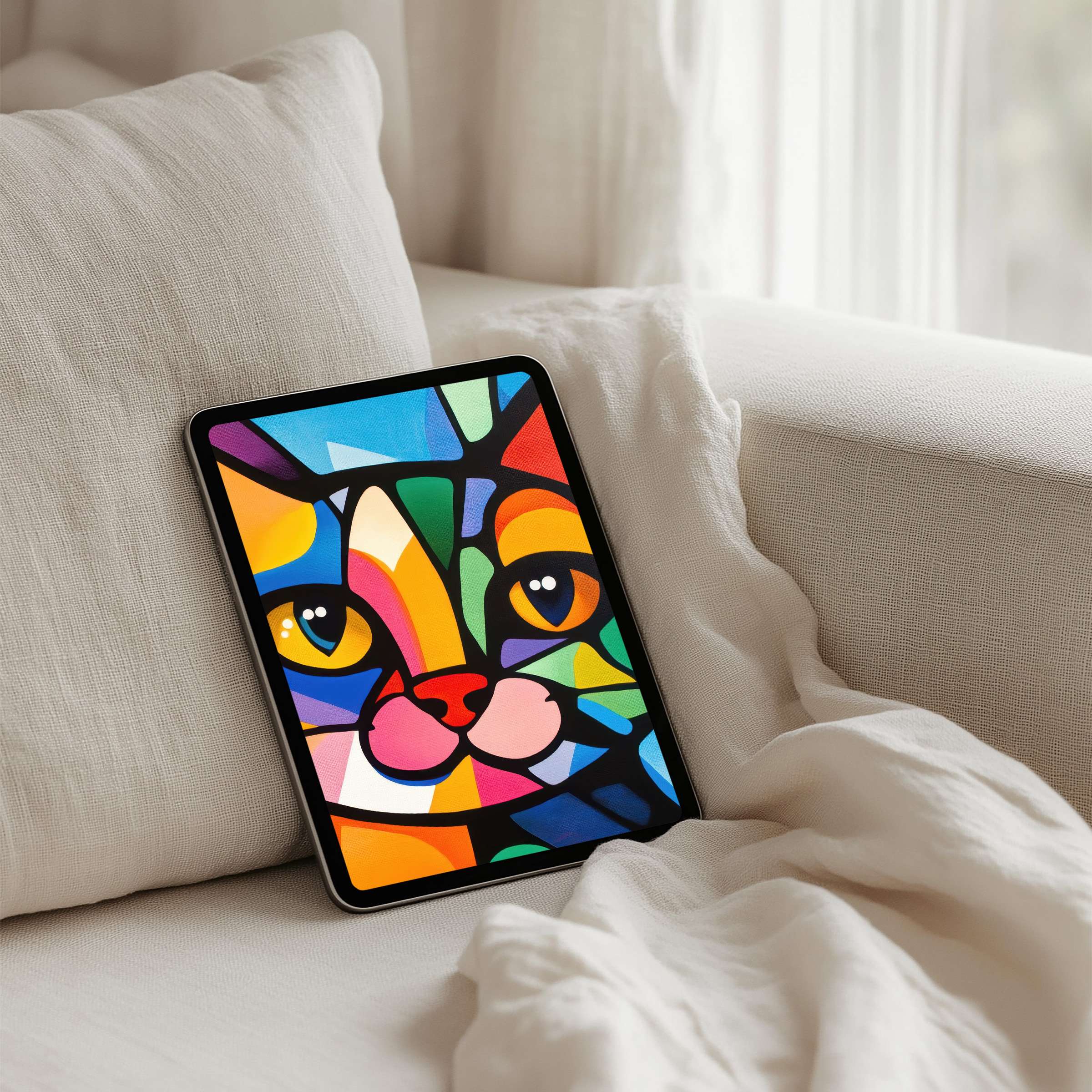 Colorful cat art fills this iPad background with elegance and calm, perfect for any tablet; instant download for mindfulness