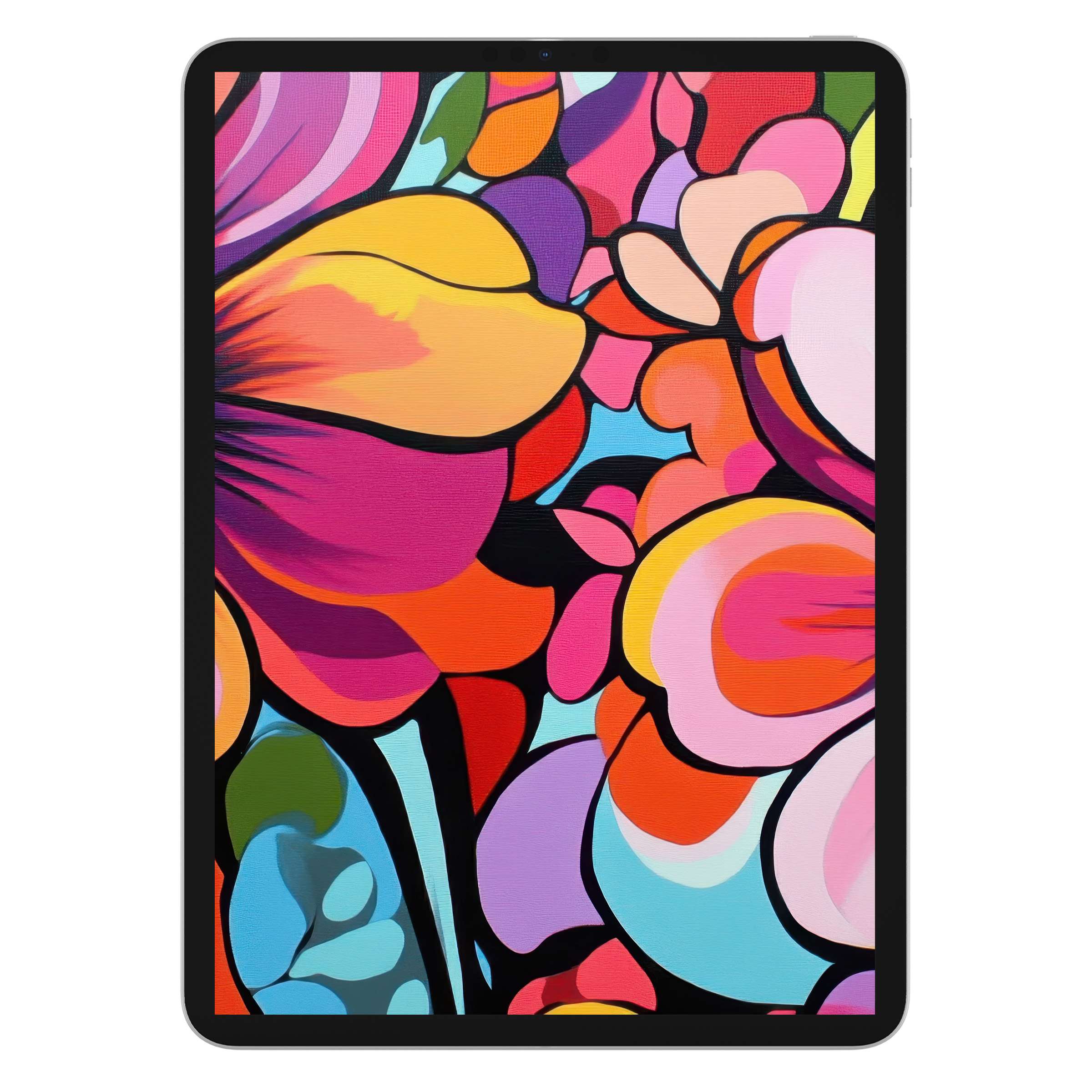 Vibrant pop art iPad wallpaper featuring bold floral design in pink, yellow, and blue tones ideal for tablet background digital download