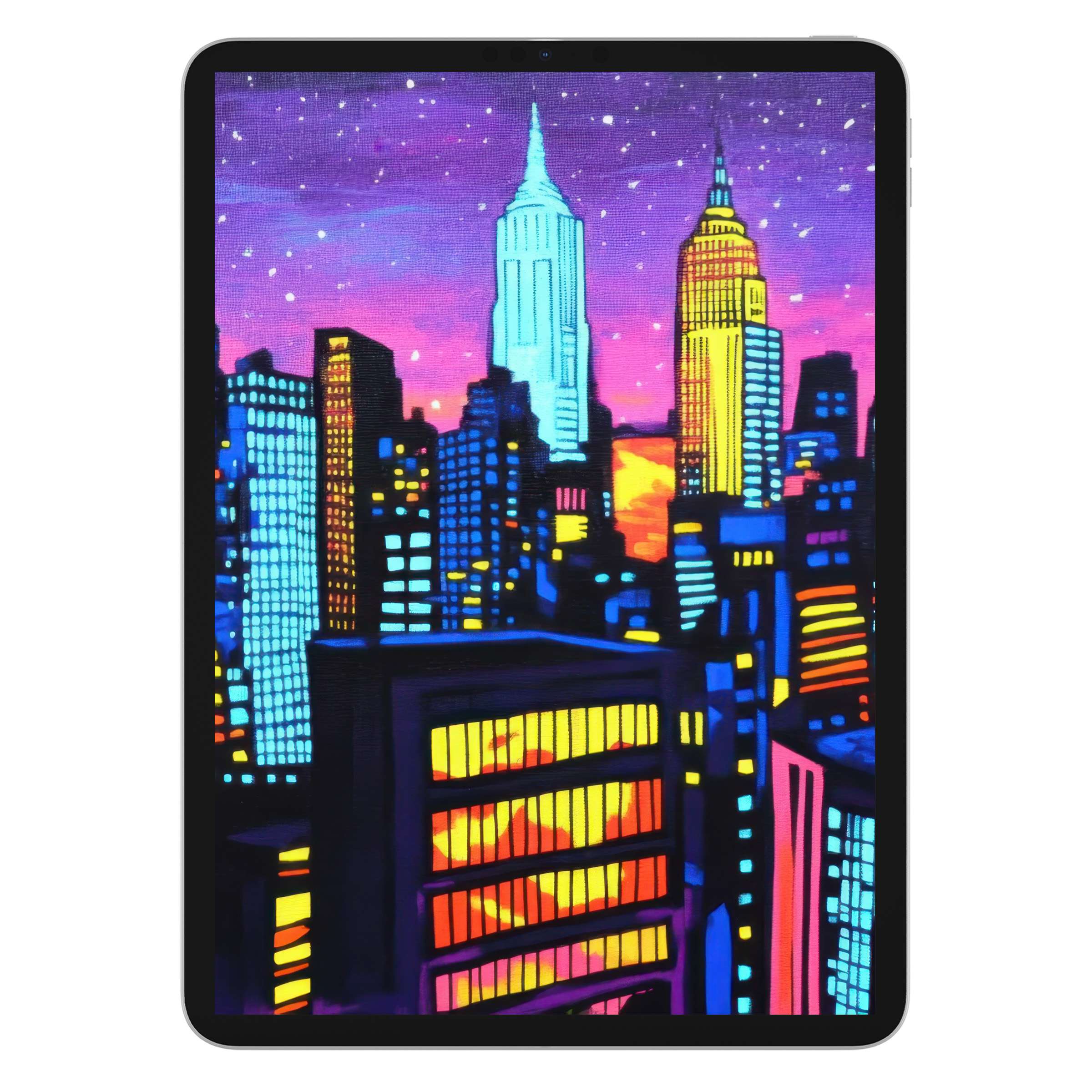 Vibrant pop art iPad wallpaper featuring a neon cityscape background, ideal for digital download on tablet devices for inspiring ambiance