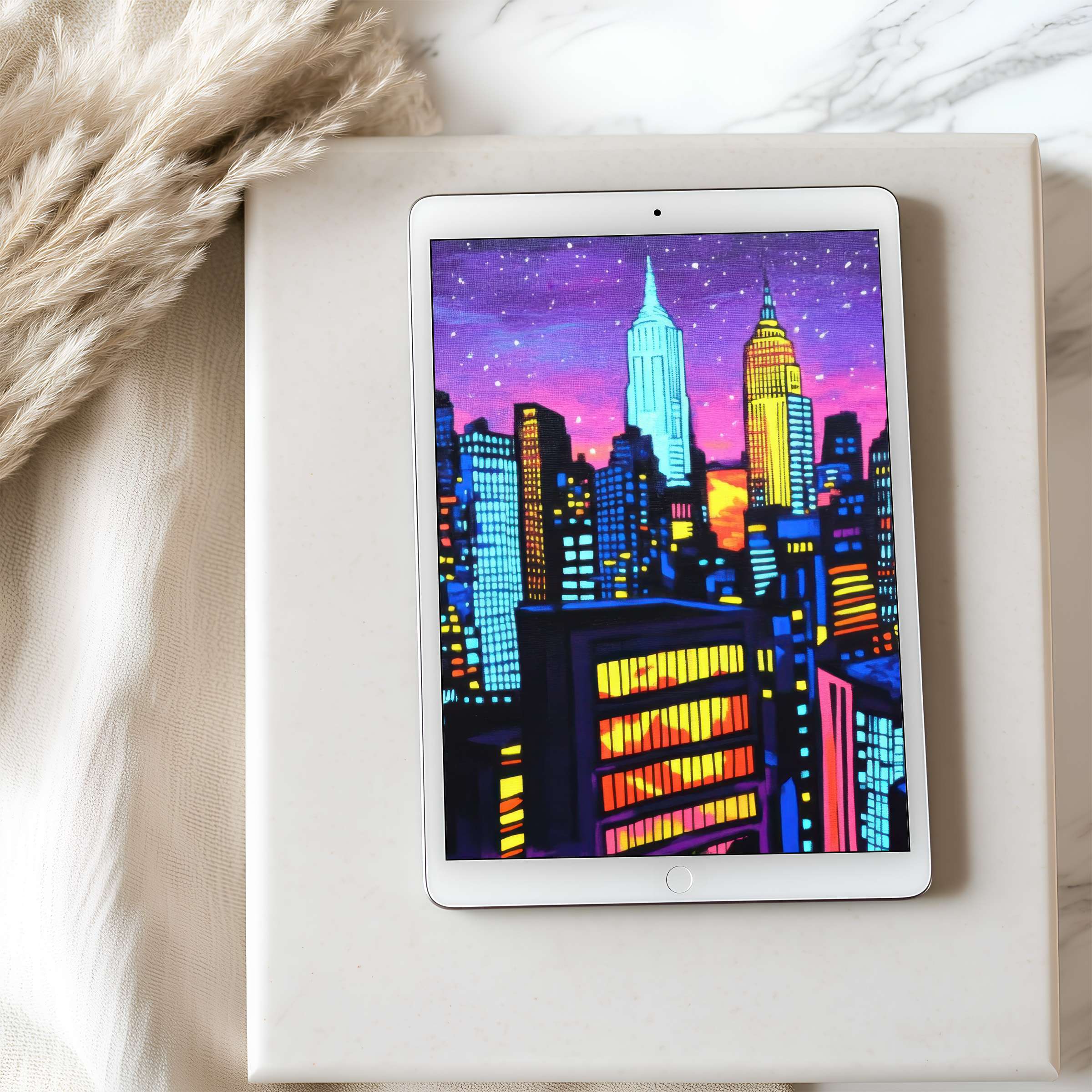 Vibrant cityscape tablet wallpaper in neon hues, perfect for iPad and Android tablets, offering a curated digital download for serene ambiance