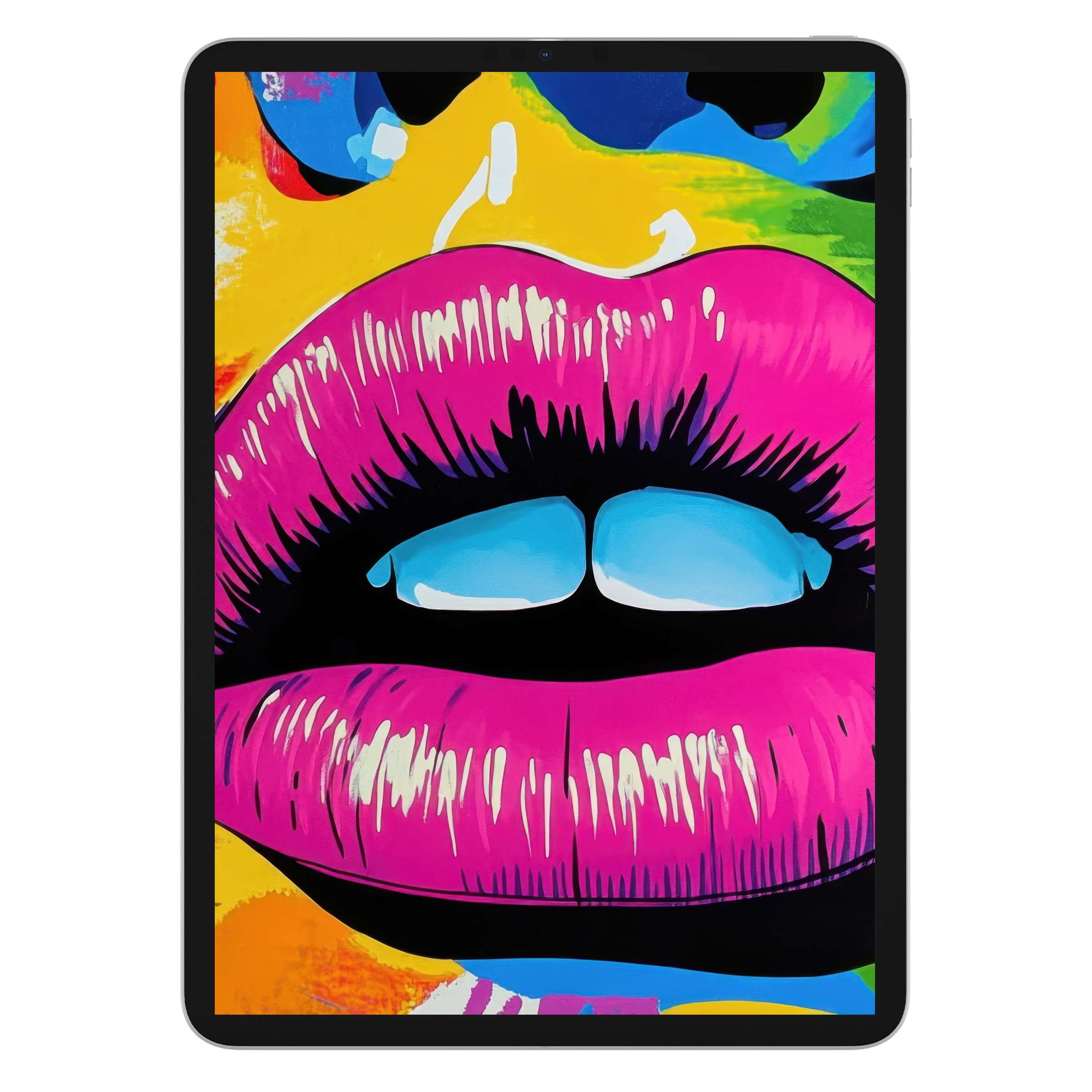 Vibrant pop art iPad wallpaper featuring bold pink lips against a colorful abstract background ideal for tablet digital download