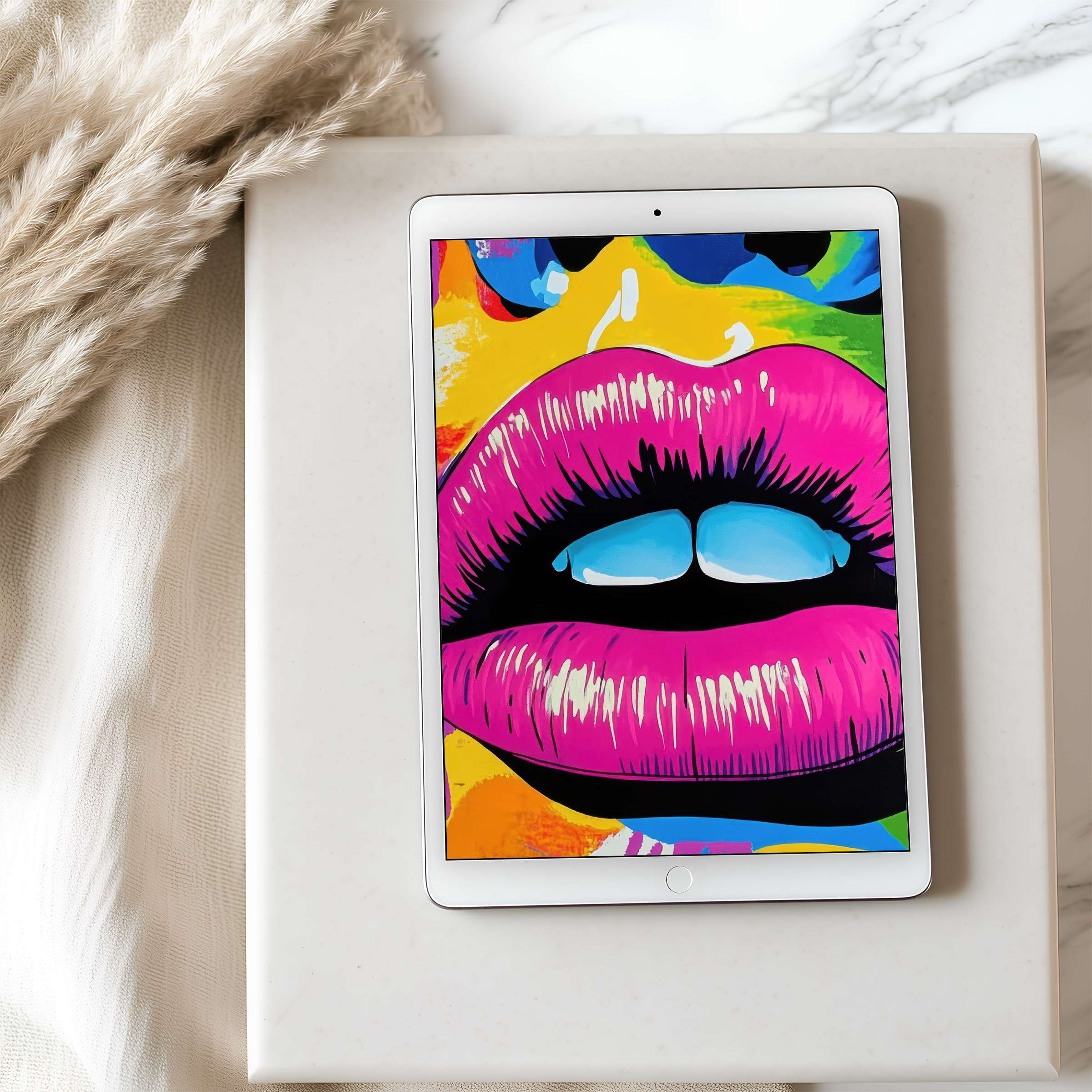 Vibrant pop art lips in high resolution elevate your tablet wallpaper offering a stylish, downloadable design for iPad and Android
