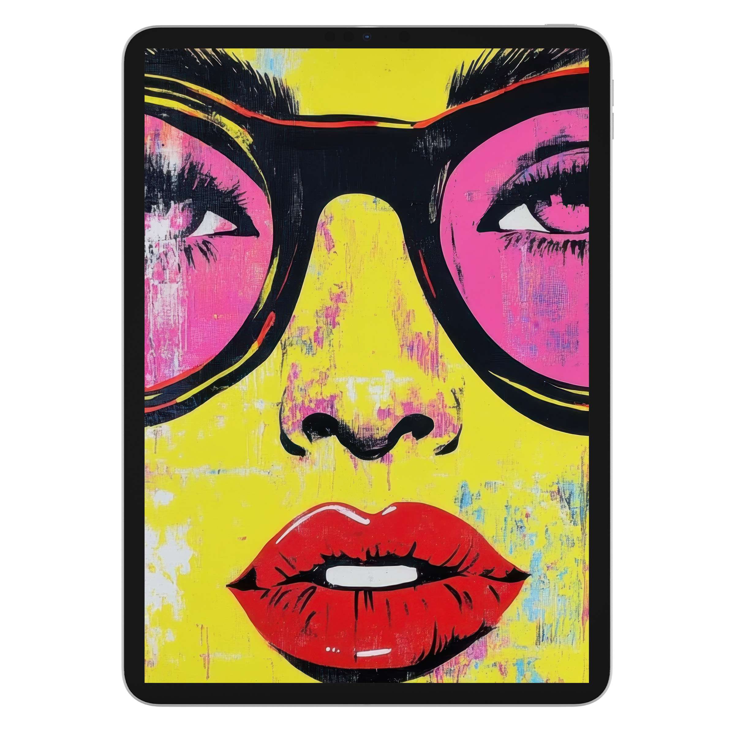 Vibrant pop art iPad wallpaper with bold pink, yellow, and red tones for a stylish tablet background digital download