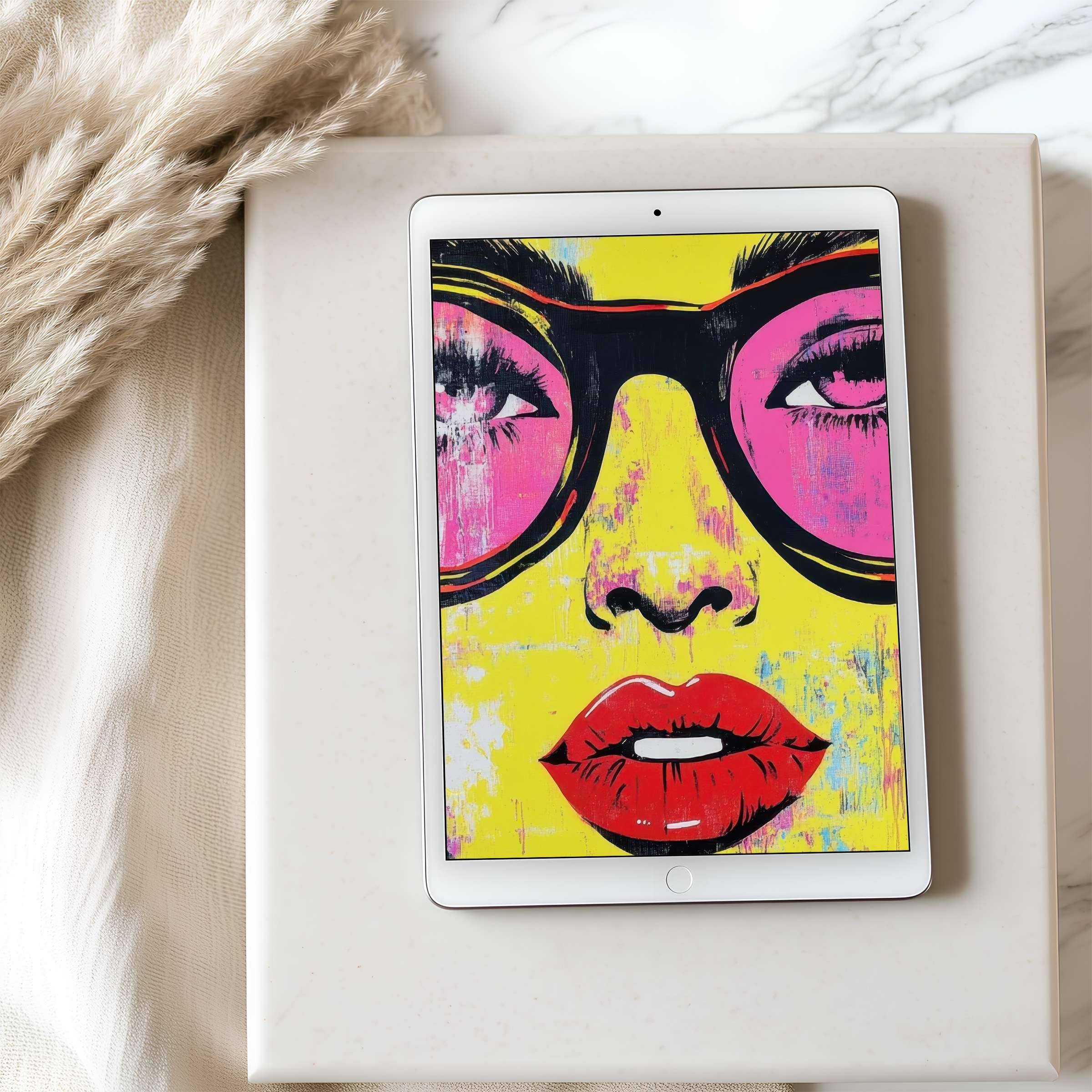 Vibrant pop art tablet wallpaper with striking pink and yellow hues elevates your space, perfect for high resolution iPad and Android downloads