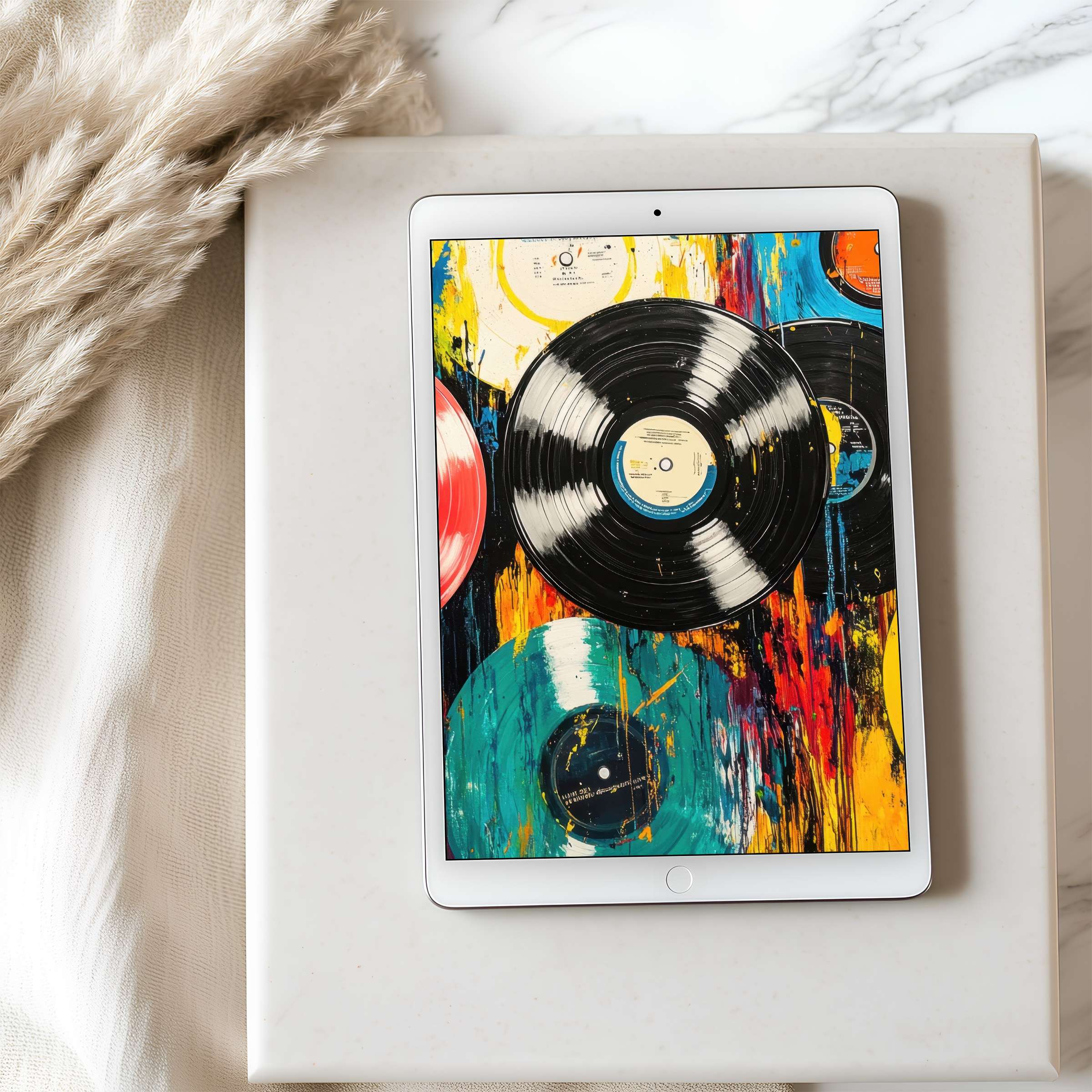 Vivid abstract vinyl record tablet wallpaper for iPad and Android tablets transforms your space into a curated high-resolution art display