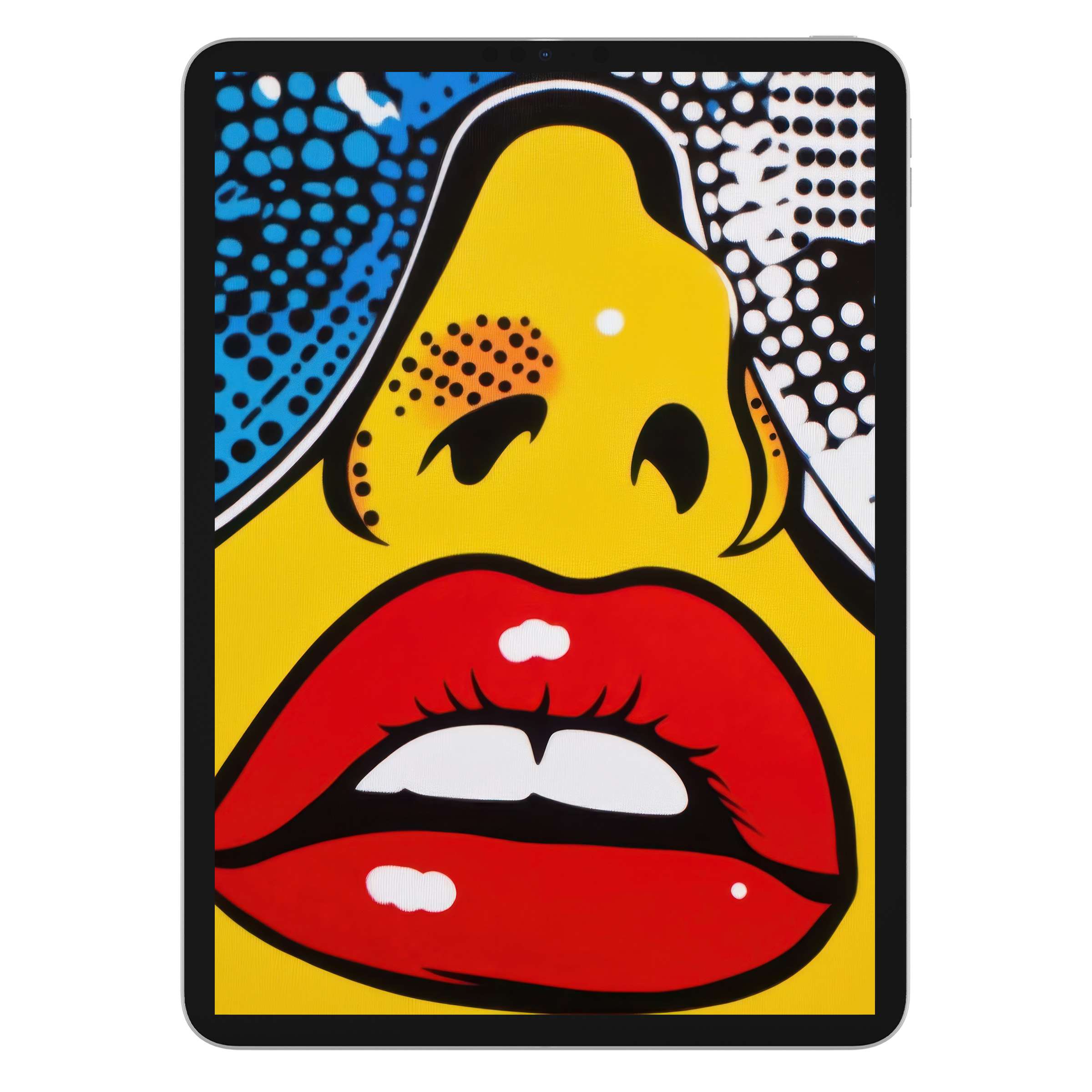 Bold pop art iPad wallpaper features vibrant red lips and a dotted design, perfect digital download for tablet background elegance